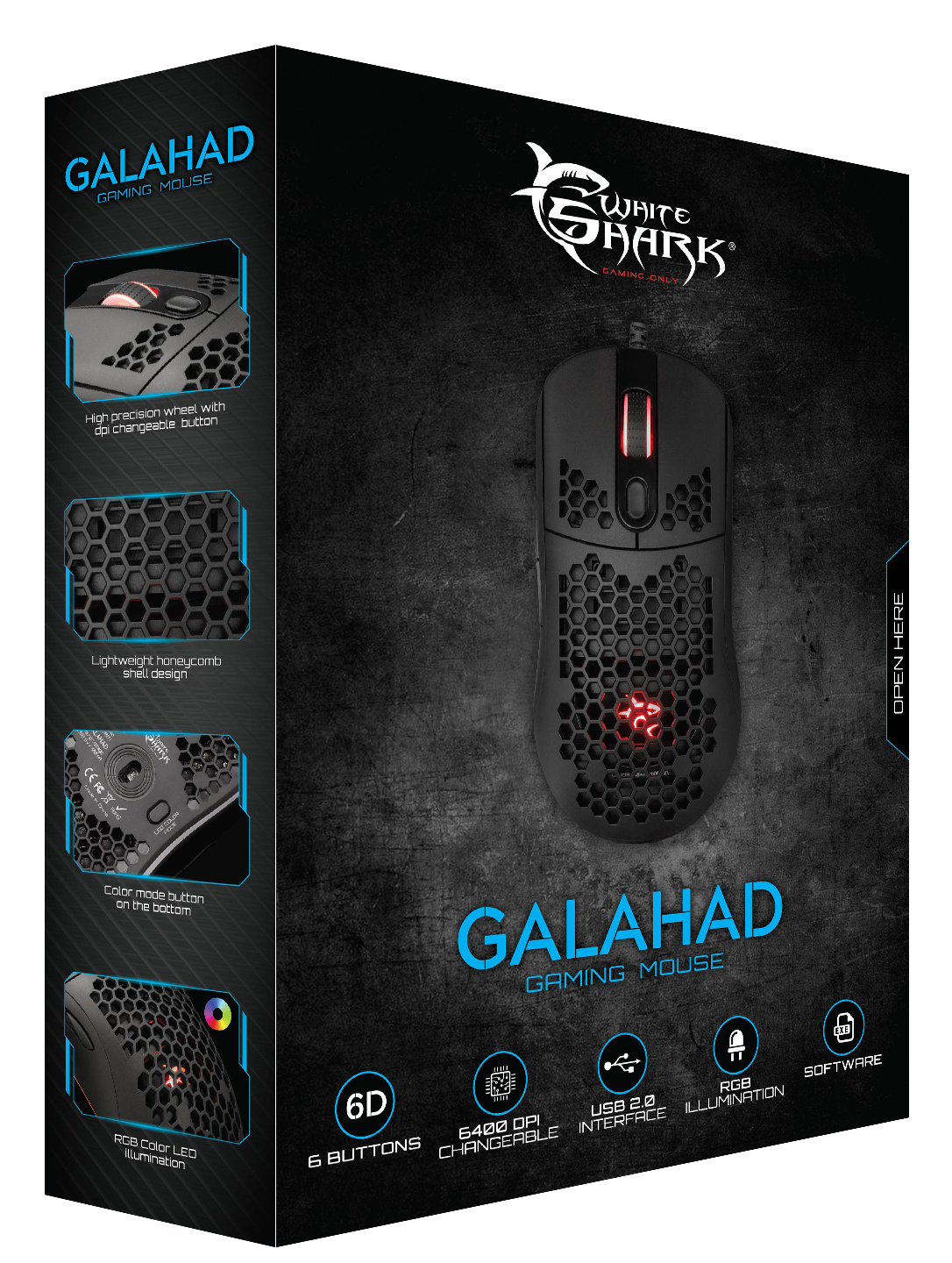 Fekete gamer egér piros részletekkel, méhsejt mintával és RGB világítással. Jellemzők: 6 gomb, 6400 DPI és USB 2.0 interfész.