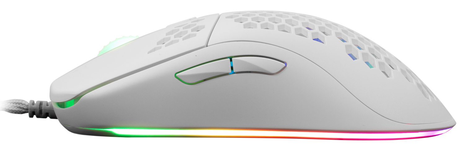 Fehér gamer egér méhsejtmintával, RGB-világítással és oldalsó gombokkal. Fekete háttér.