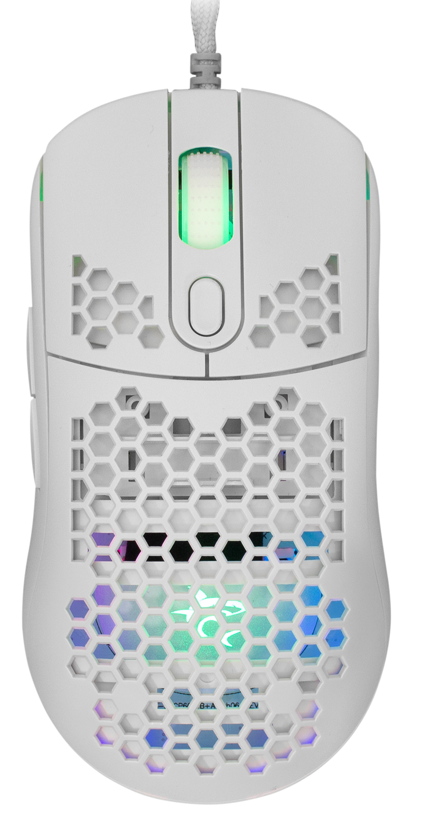 Fehér gamer egér, méhsejtmintával és RGB világítással.