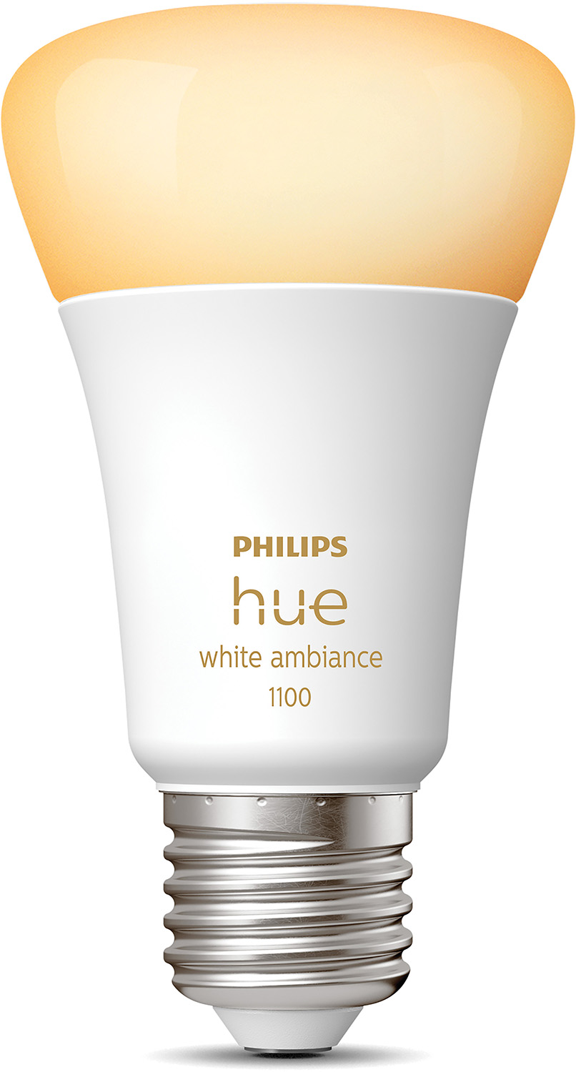 Philips Hue smart light bulb, white and yellow, labeled with the brand name and product name.