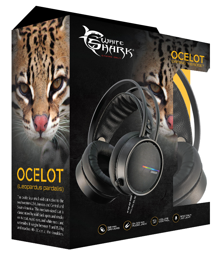 Egy fekete-fehér doboz a 'White Shark' gamer fejhallgatóhoz, egy ocelottal és a fejhallgató képével.