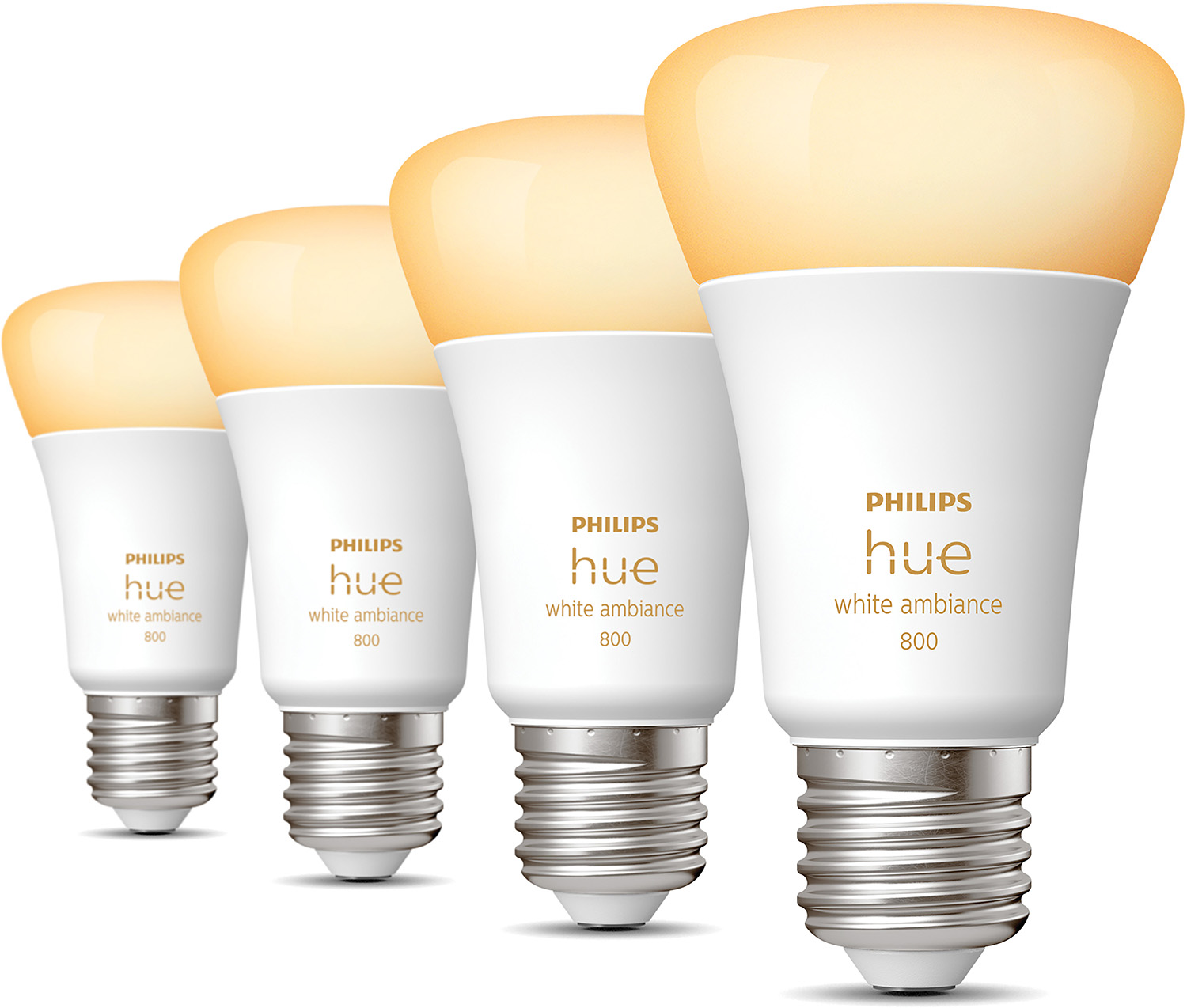 Vier Philips Hue slimme gloeilampen. Ze zijn wit met een gele gloed. Het Philips Hue-logo is aanwezig.