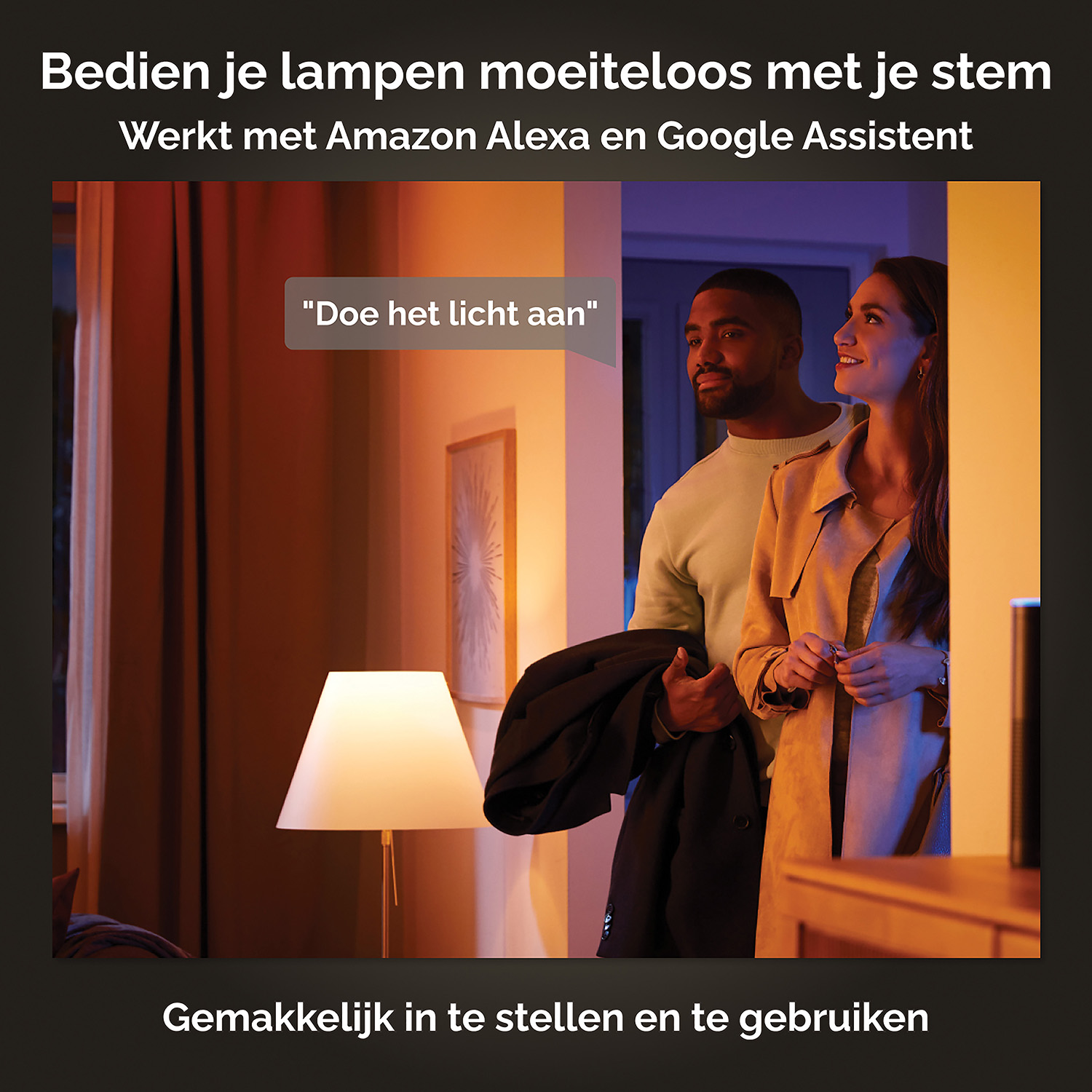 Een stel staat in een kamer. Tekst luidt: 'Bedien je lampen met je stem' en 'Doe het licht aan'.