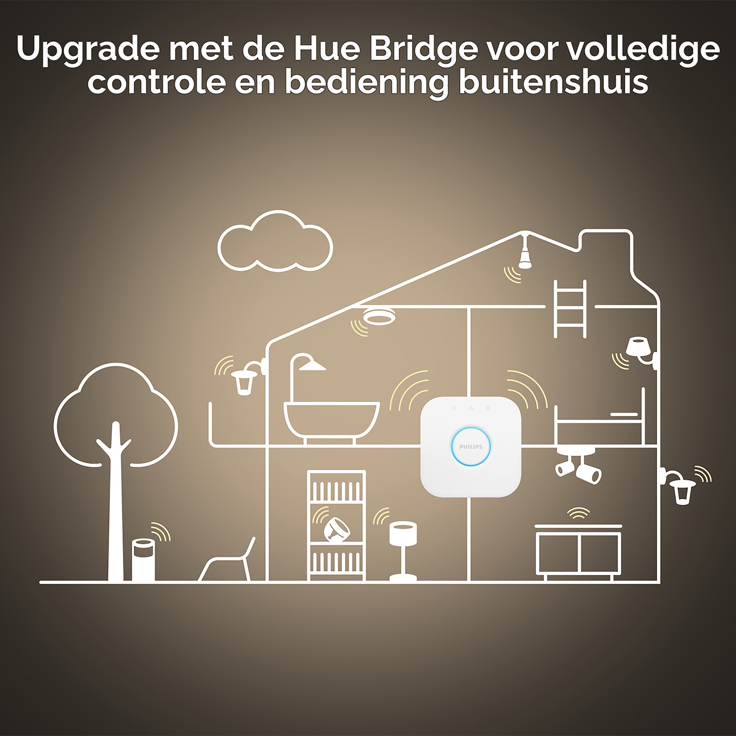 Een diagram toont slimme apparaten die via lijnen met een hub zijn verbonden.