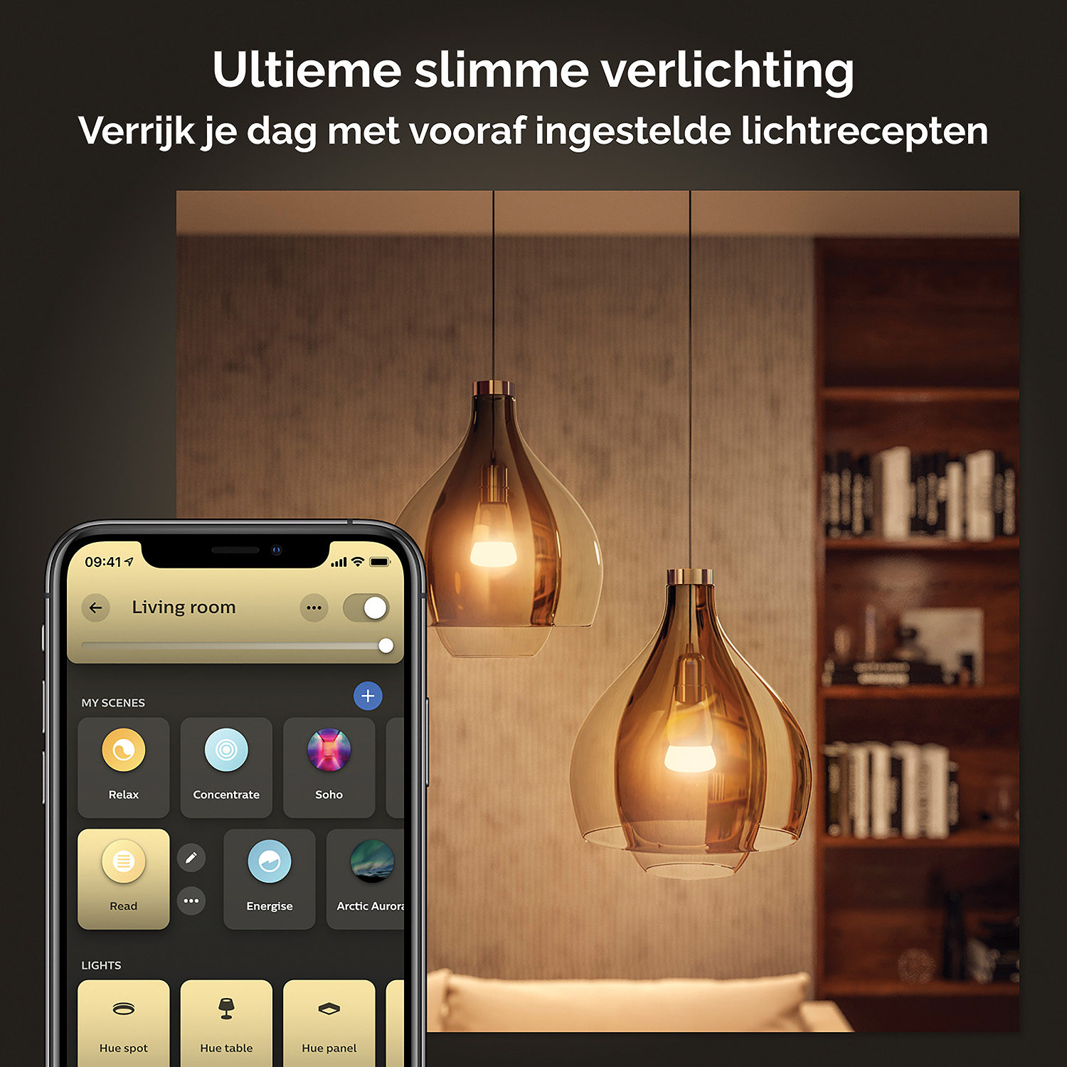 Moderne lampen met smart home bediening op een mobiele telefoon.