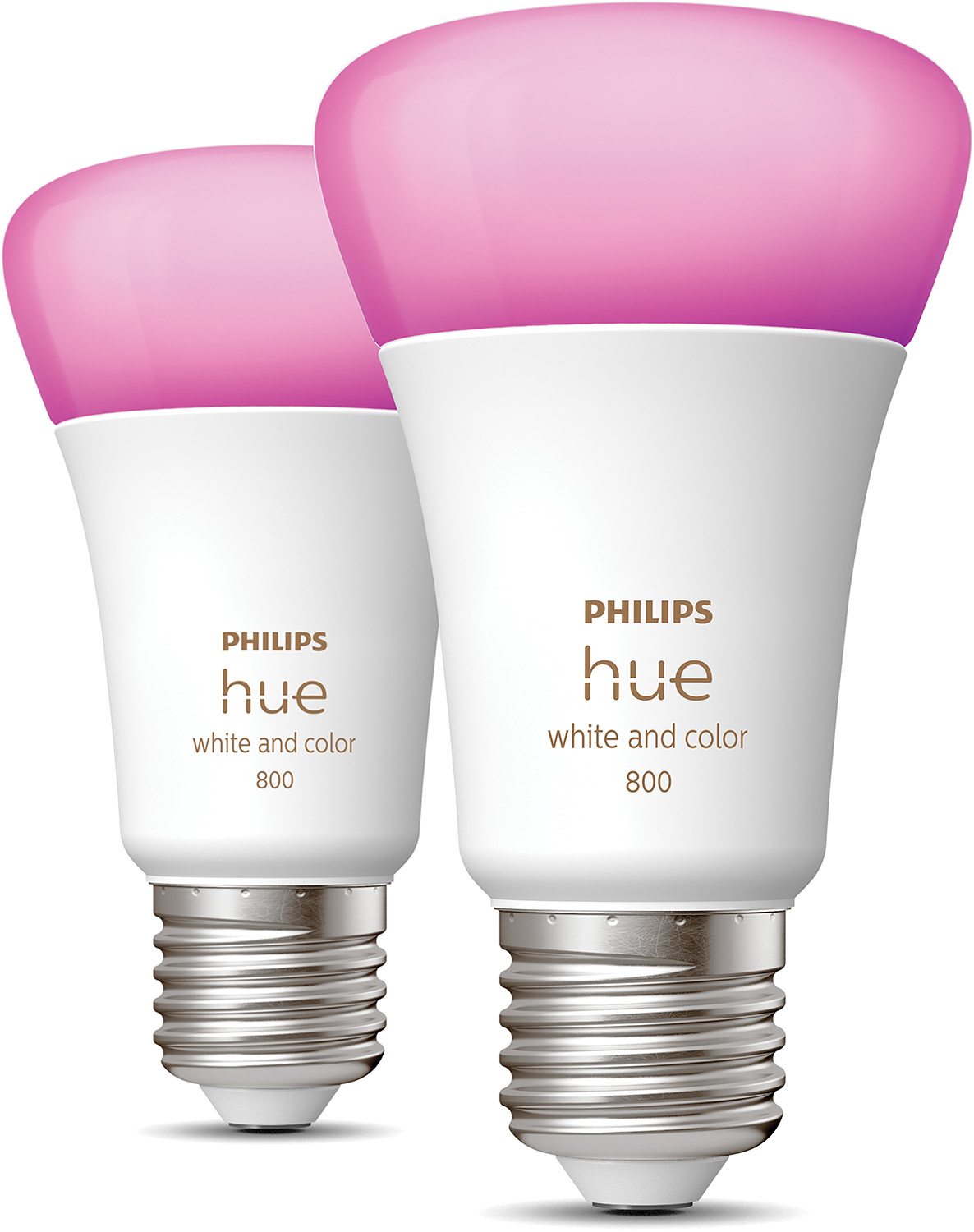 Two Philips Hue smart bulbs with purple light, white base. White background.