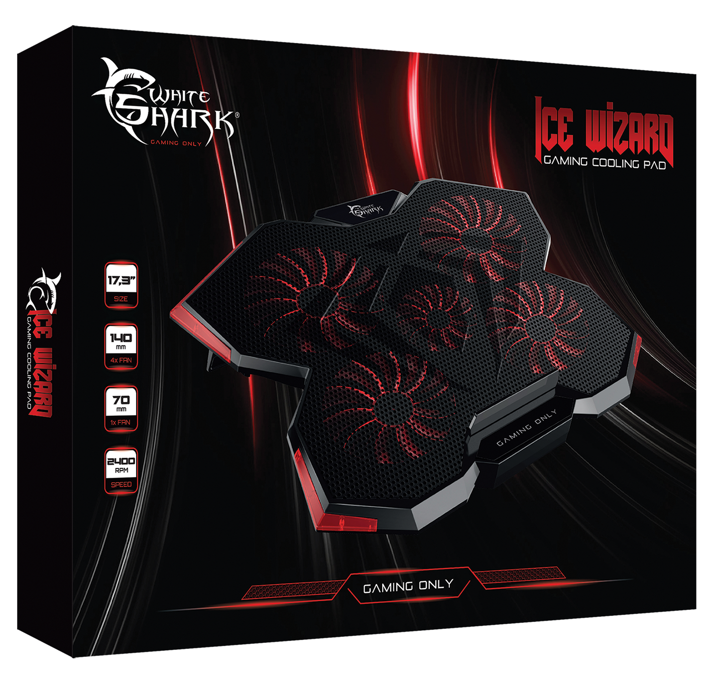 Egy fekete-piros gaming hűtőpad egy dobozban, a White Shark logóval és az Ice Wizard felirattal.