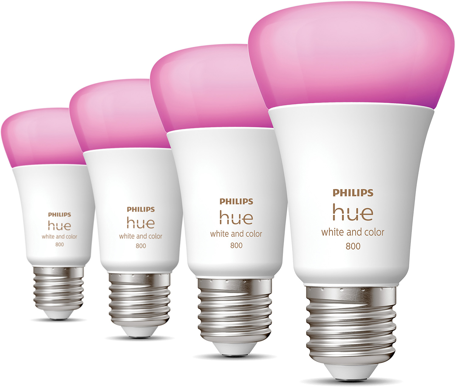 Vier witte Philips Hue slimme lampen met roze licht.