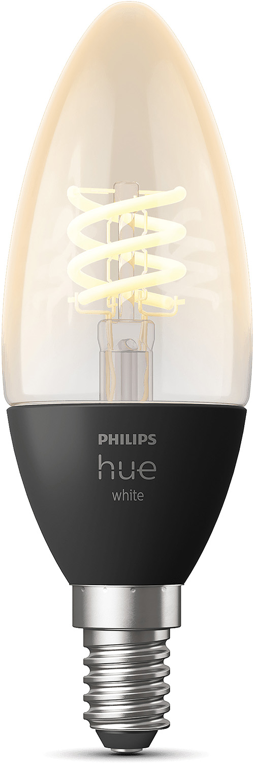 Een Philips Hue LED-lamp. De lamp heeft een zwarte voet en een heldere, gebogen glazen behuizing.