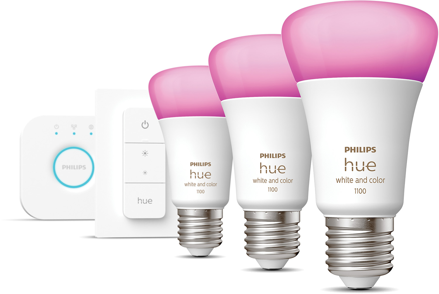 Philips Hue slimme lampen en bediening. Drie lampen met roze licht, een bedieningspaneel en een dimmer.