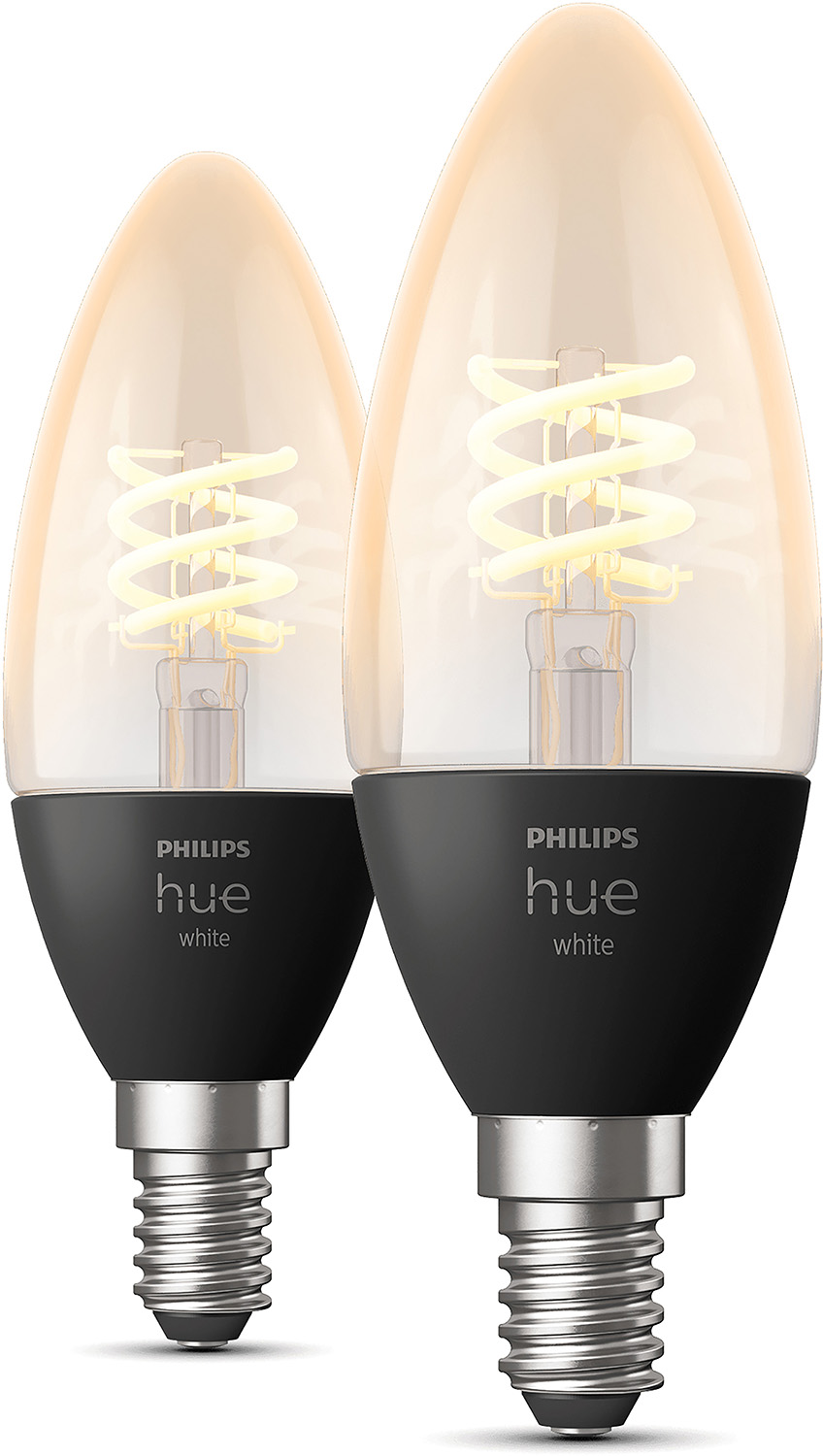 Two Philips Hue white LED candle light bulbs. They have black bases, with a spiral filament.