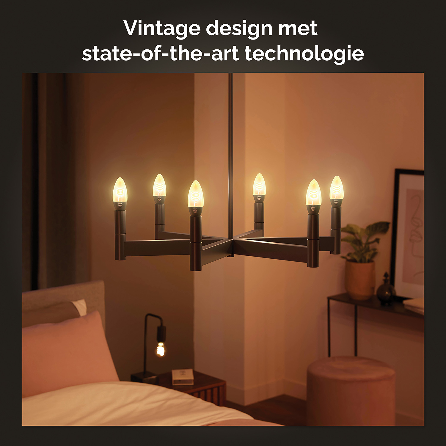 A black chandelier with six light bulbs illuminating a room.