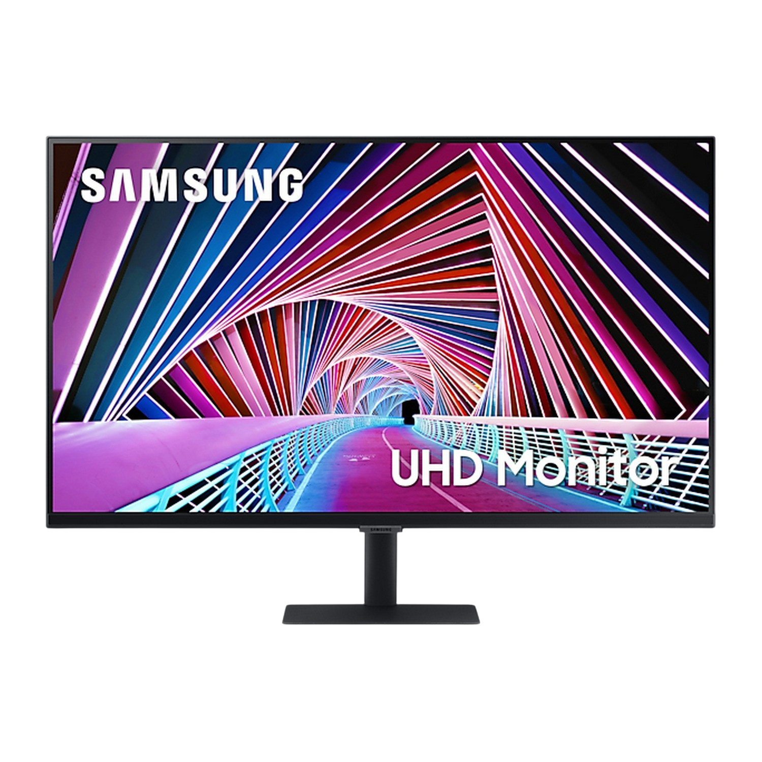 Monitor UHD Samsung con fondo abstracto colorido. Soporte negro. Fondo oscuro.