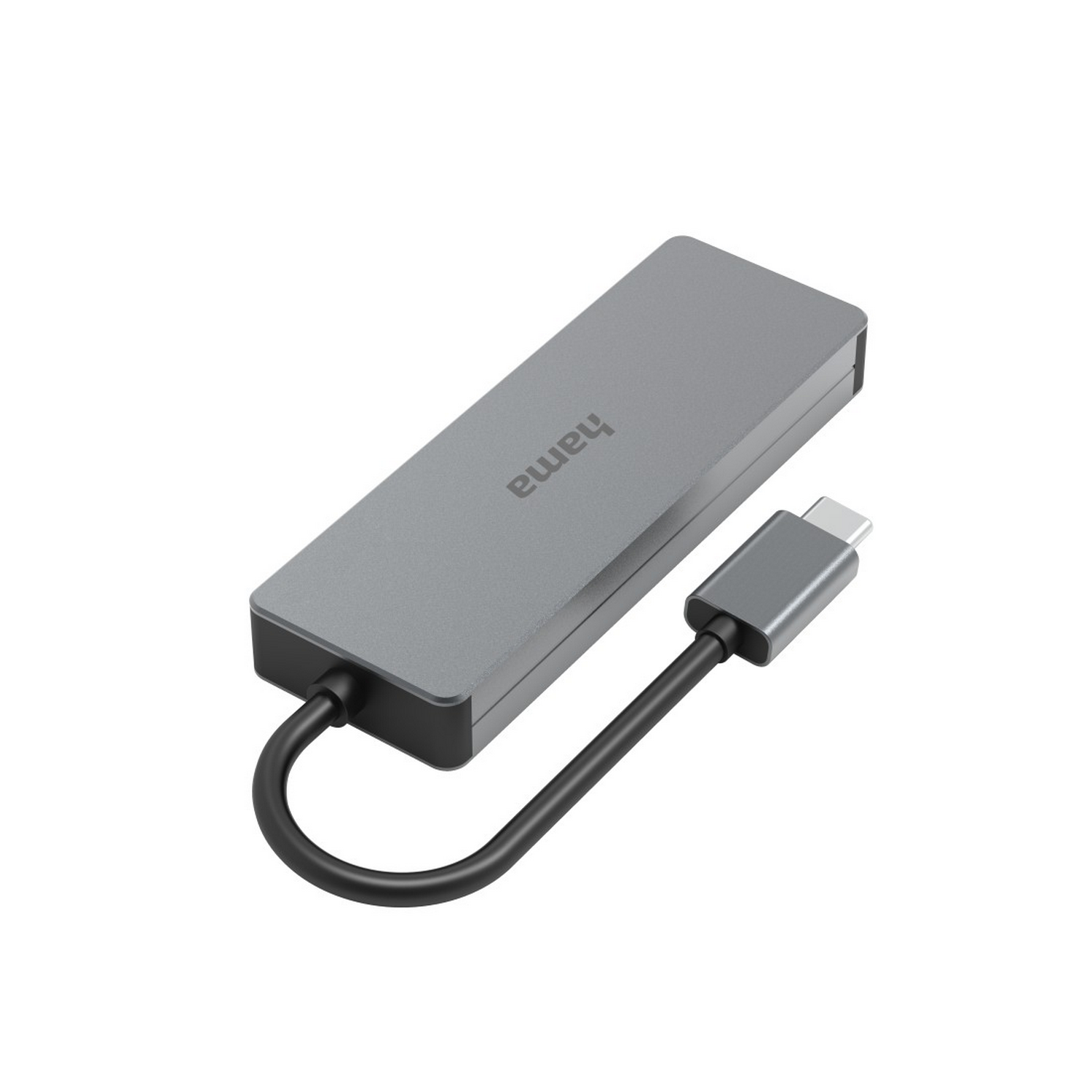 Un concentrador USB-C gris de Hama con cable y conector conectados. El fondo es blanco.