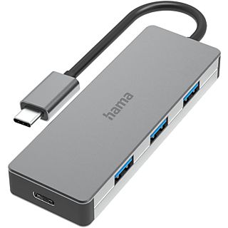 Hub USB/Concentrador - Hama 00200105, 10 Gbit/s, 4 puertos, 2x USB-C, 3x USB-A, 0.15 m, TB 3/4, Slim, Gris