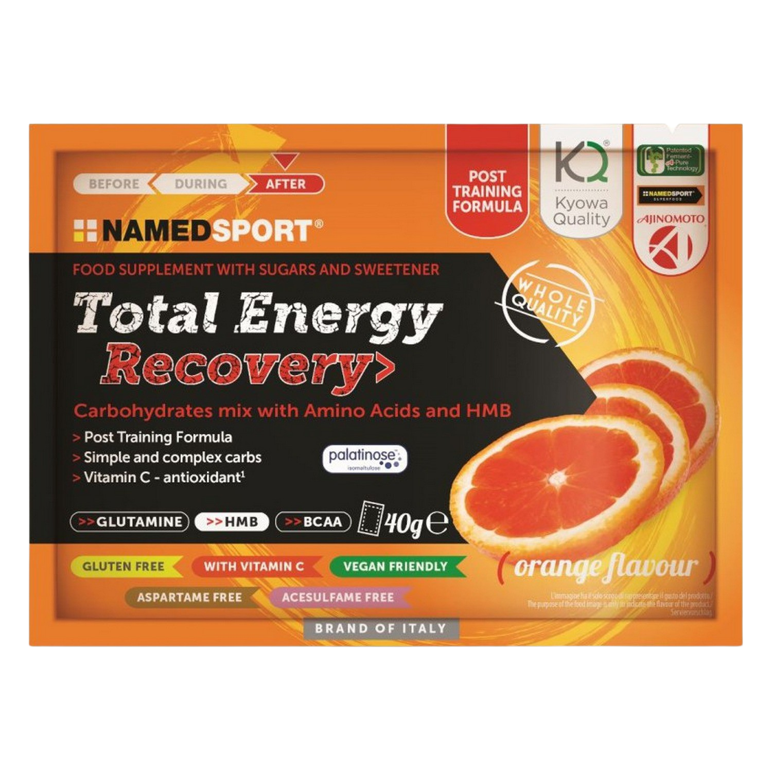 Suplemento alimenticio - NamedSport Total Energy Recovery, 40 g, L-glutamina + HMB + BCAA, Sabor naranja