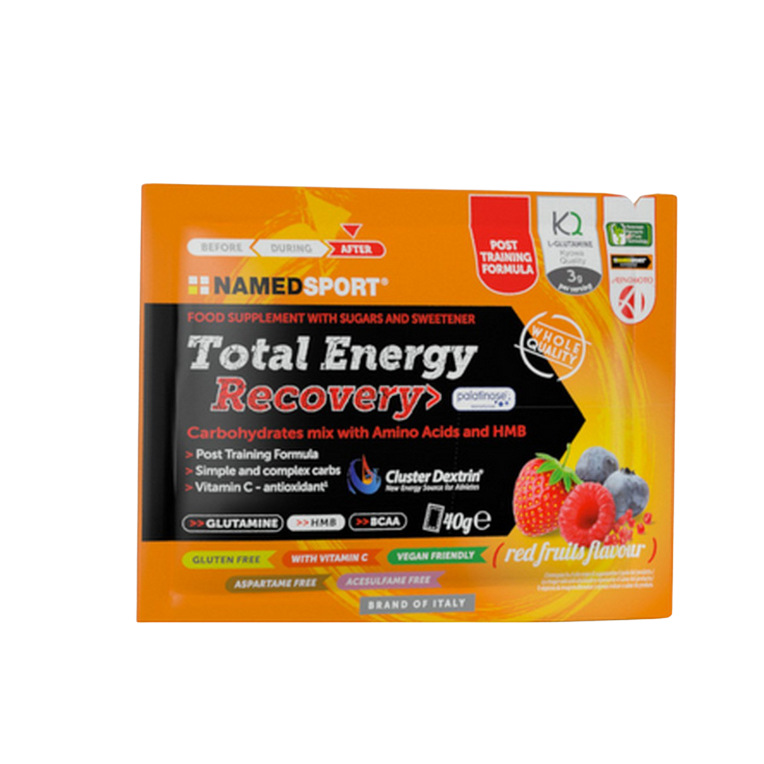 Suplemento alimenticio - NamedSport Total Energy Recovery, 40 g, L-glutamina+HMB+BCAA, Sabor frutos rojos