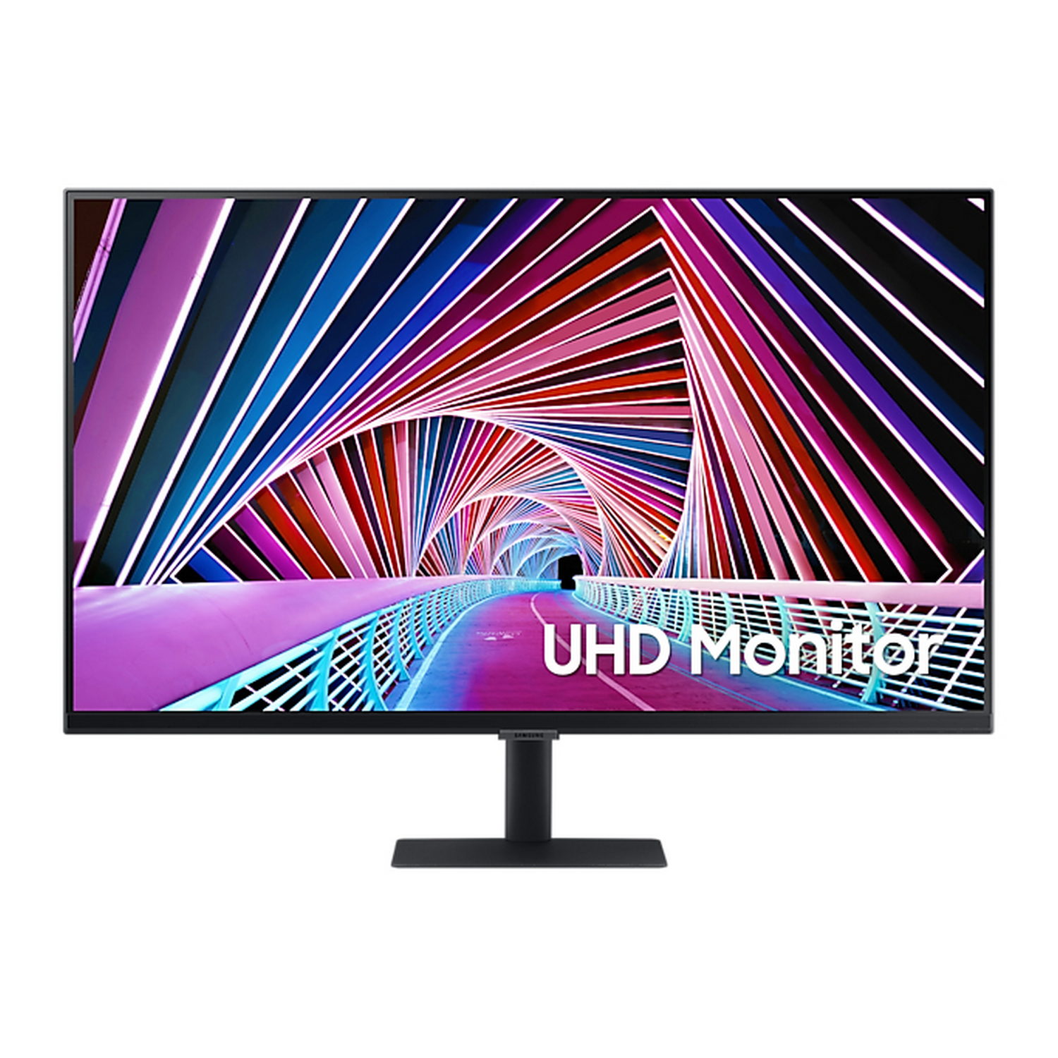 Un monitor UHD que muestra una imagen abstracta colorida con el texto 'UHD Monitor' debajo, en el soporte.