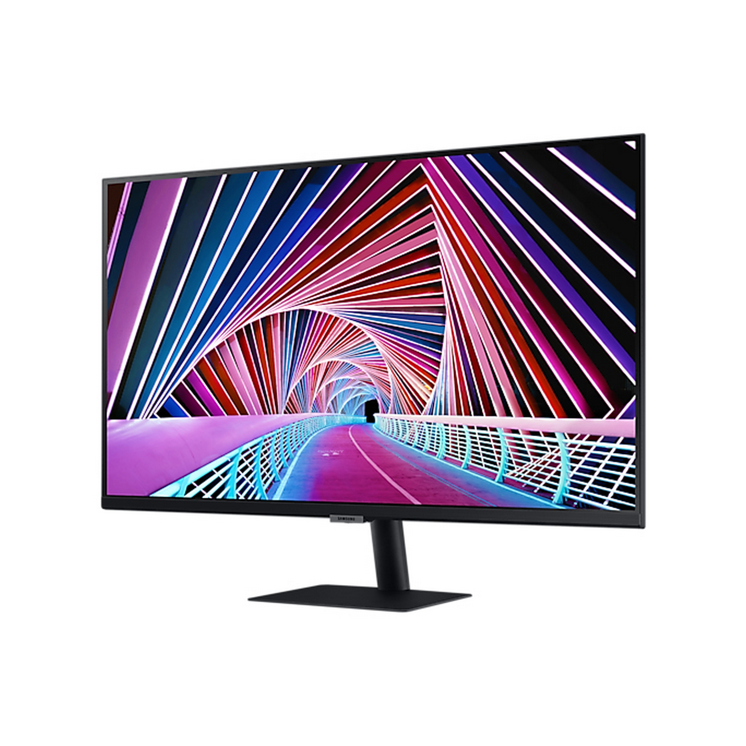 Un monitor de computadora moderno muestra arte abstracto colorido. Es negro con un soporte negro, aislado sobre blanco.