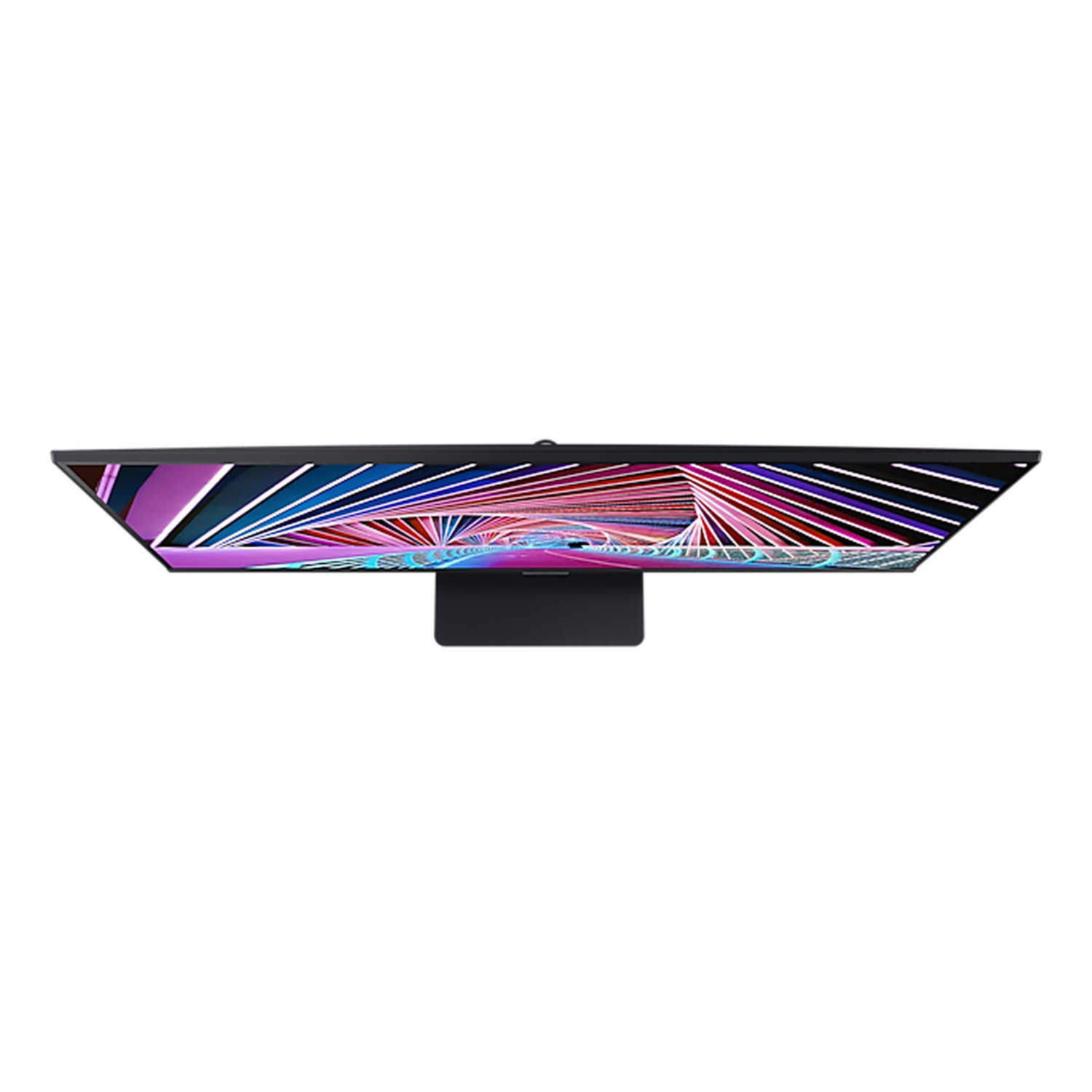 Una vista superior de un monitor con un bisel delgado y un soporte negro.