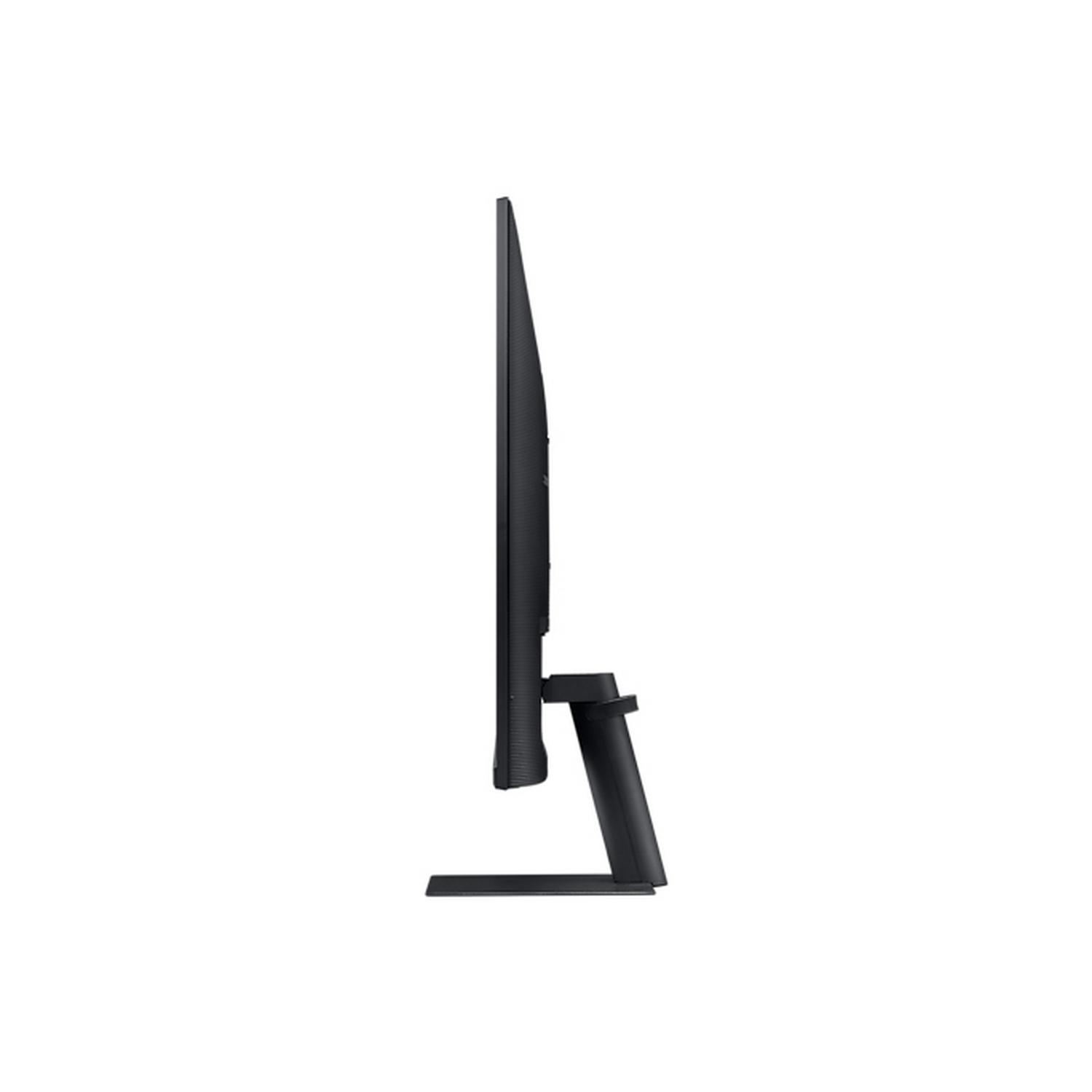 Perfil lateral de un monitor de computadora negro con un diseño elegante y un soporte minimalista.