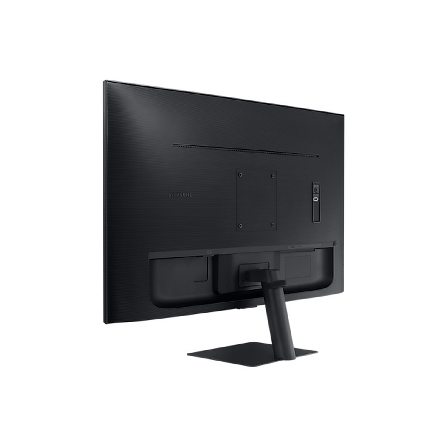 Vista trasera de un monitor de ordenador negro con soporte negro sobre fondo blanco.