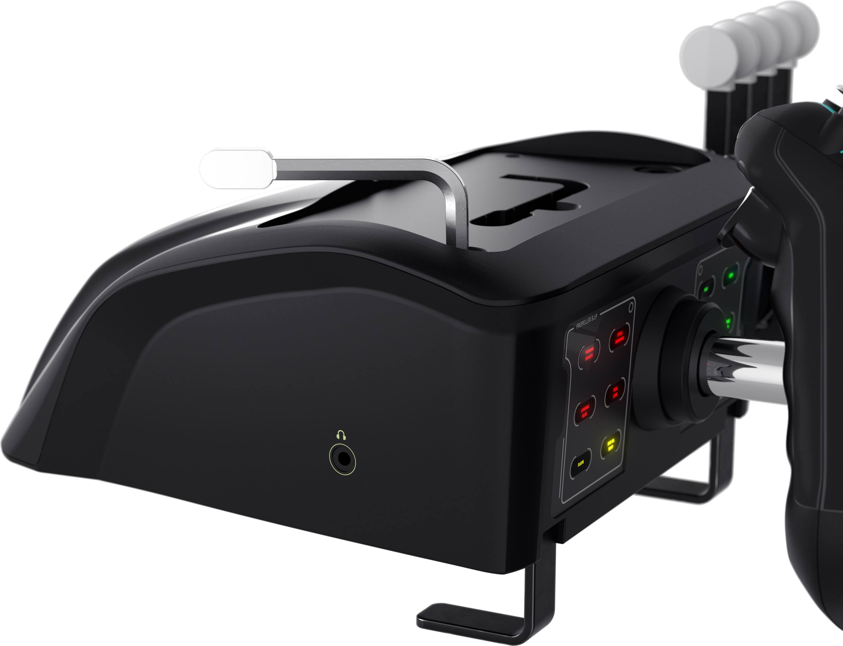 Schwarzer Gaming-Controller mit Knöpfen, Joystick und Anschluss für ein Headset.