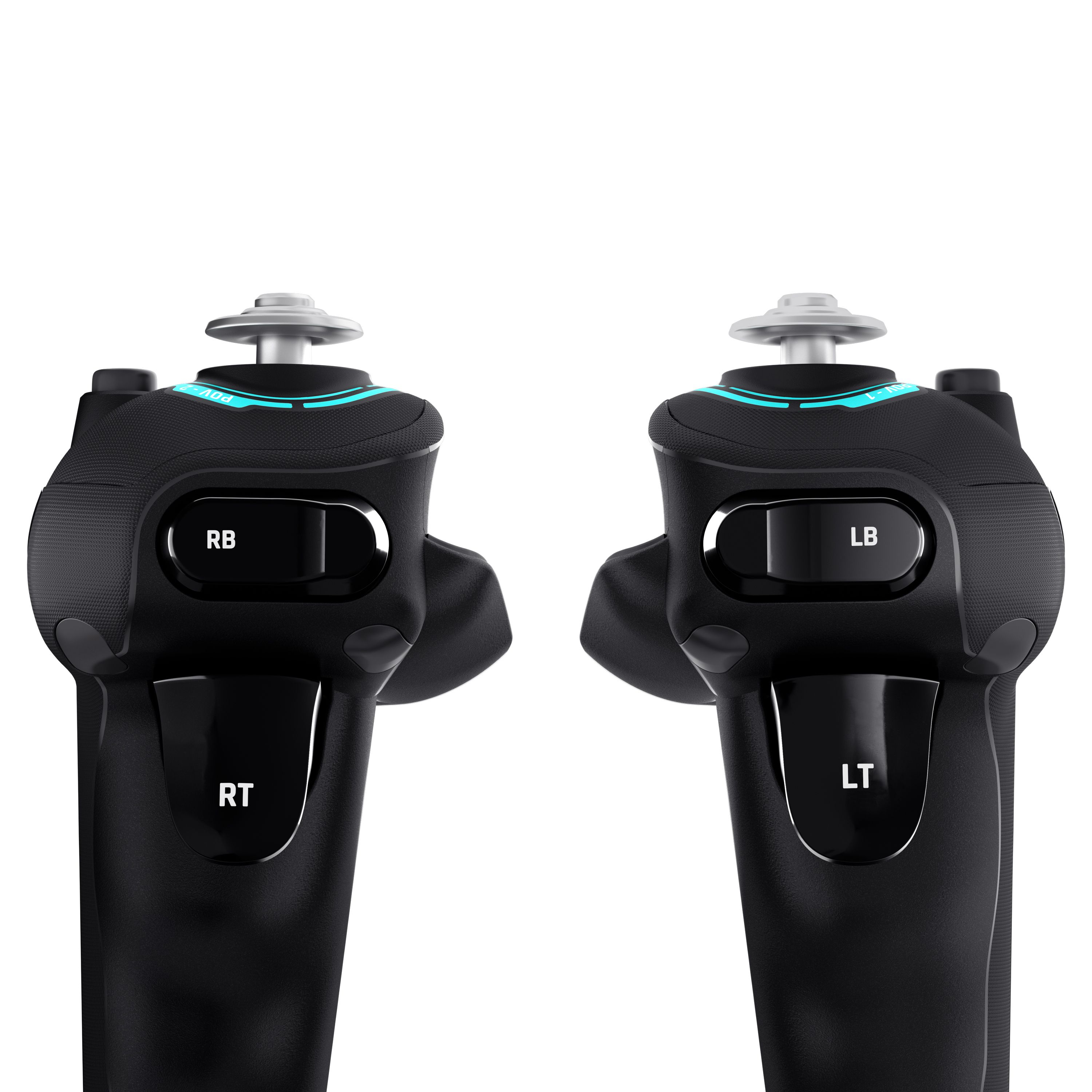 Zwei schwarze Gamecontroller, die die RB-, RT-, LB- und LT-Tasten zeigen.