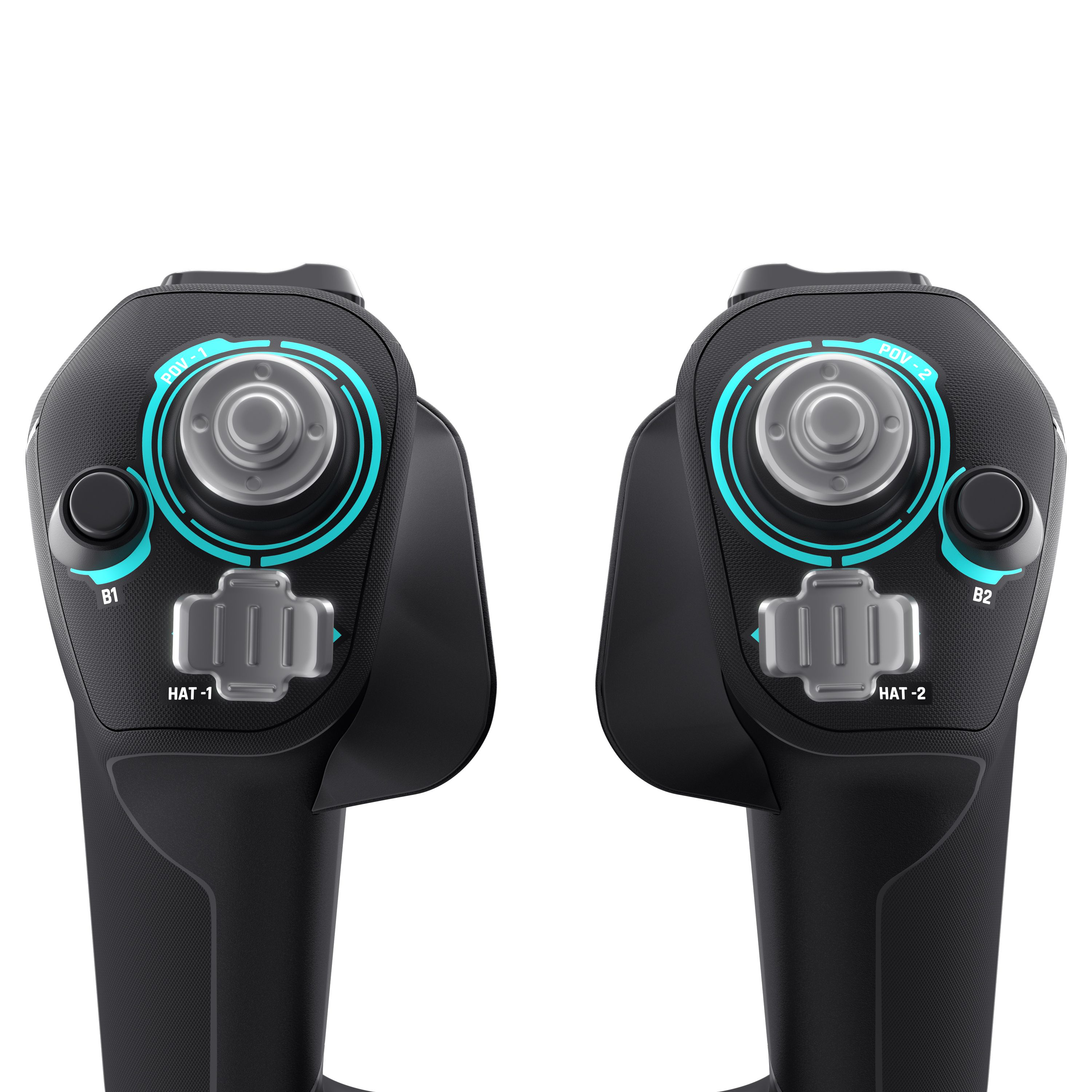 Zwei schwarze Gamecontroller mit blauen Akzenten. Hat-1 und Hat-2 sind beschriftet.