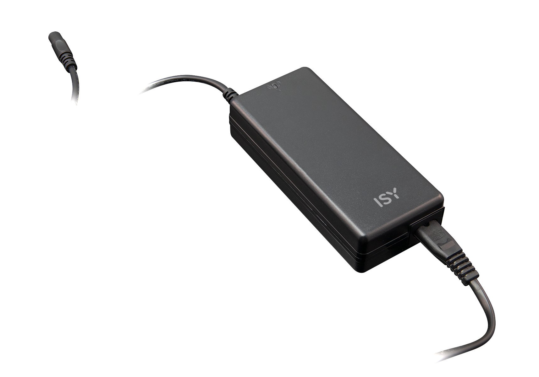 Ein schwarzes Netzteil mit Kabel liegt auf einer weißen Oberfläche, im oberen linken Bereich ein weiteres Kabel.