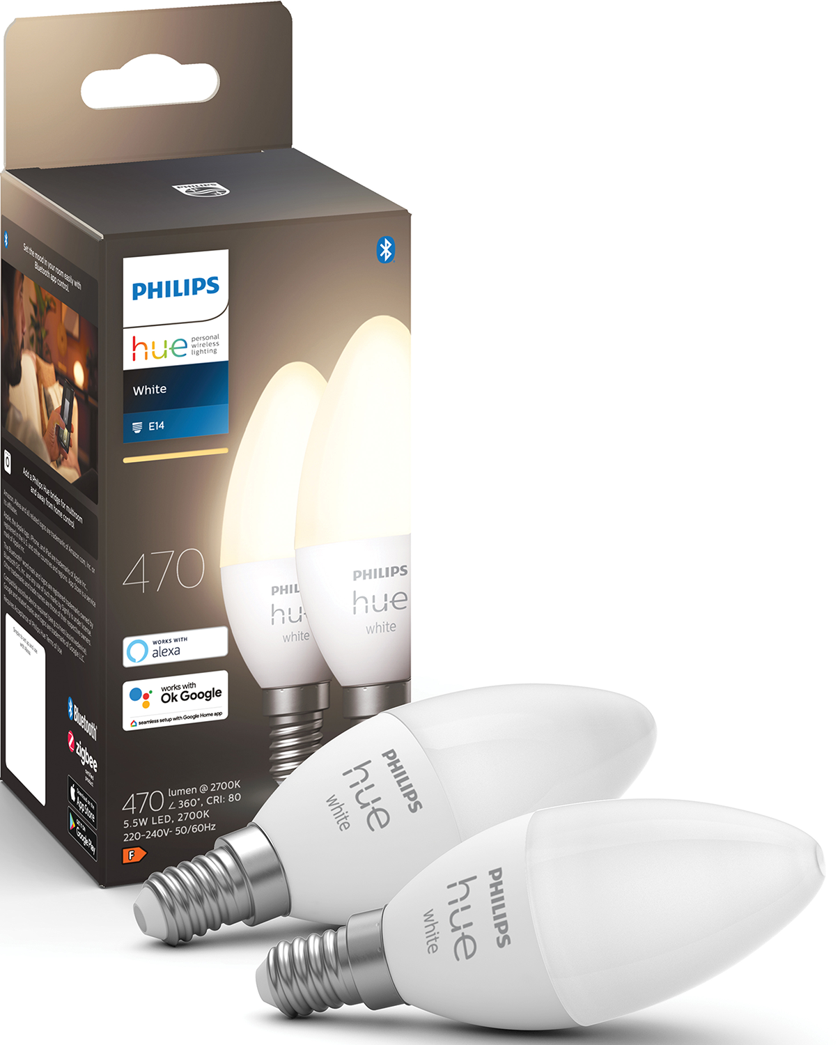 Een Philips Hue gloeilampendoos met drie lampen. De doos toont productinfo. De lampen zijn wit met het logo van het merk.