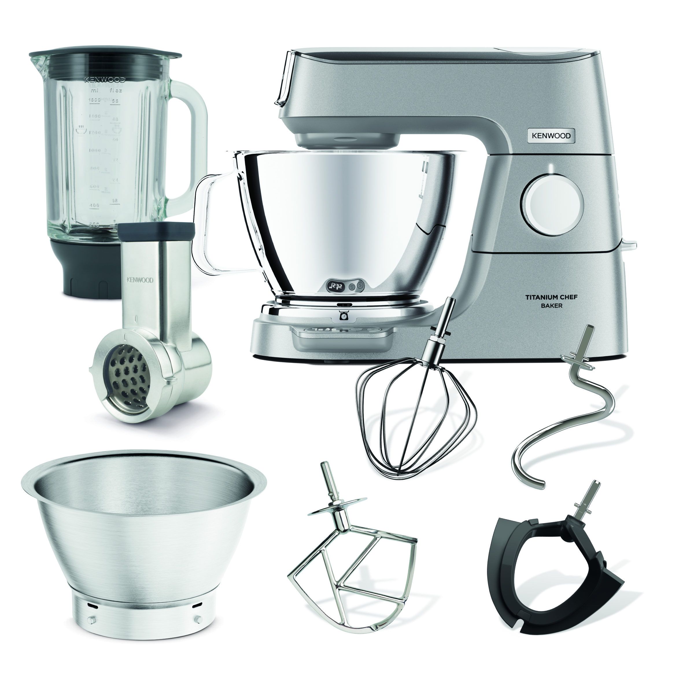 Küchengerät-Set mit Mixer, Mixer und Aufsätzen.