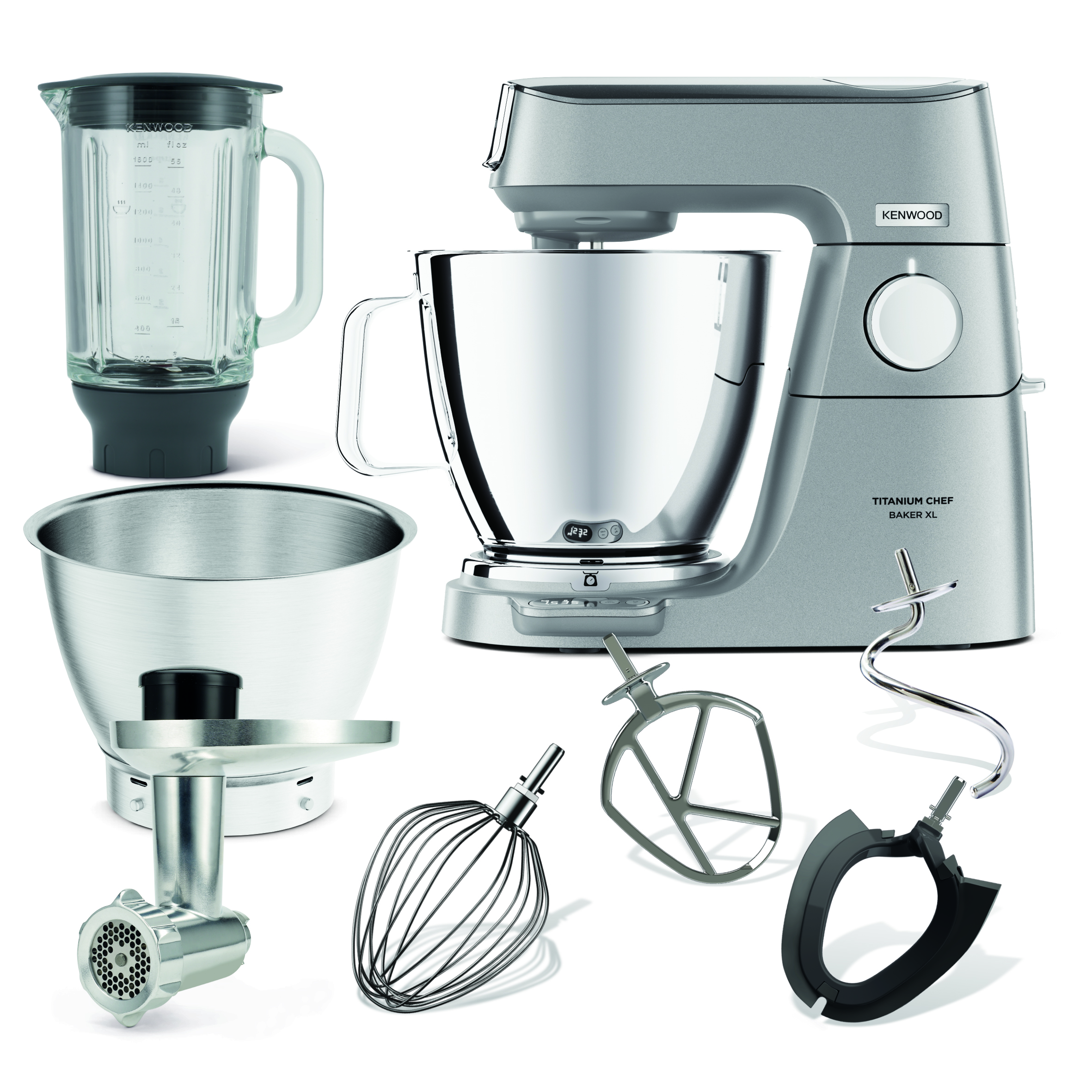 Küchenmaschine mit Aufsätzen und Glasmixer. Silber- und Weißschema.