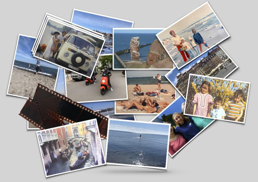 Foto-Collage in Herzform, verschiedene Fotos von Urlauben, Reisen und Familienerinnerungen.