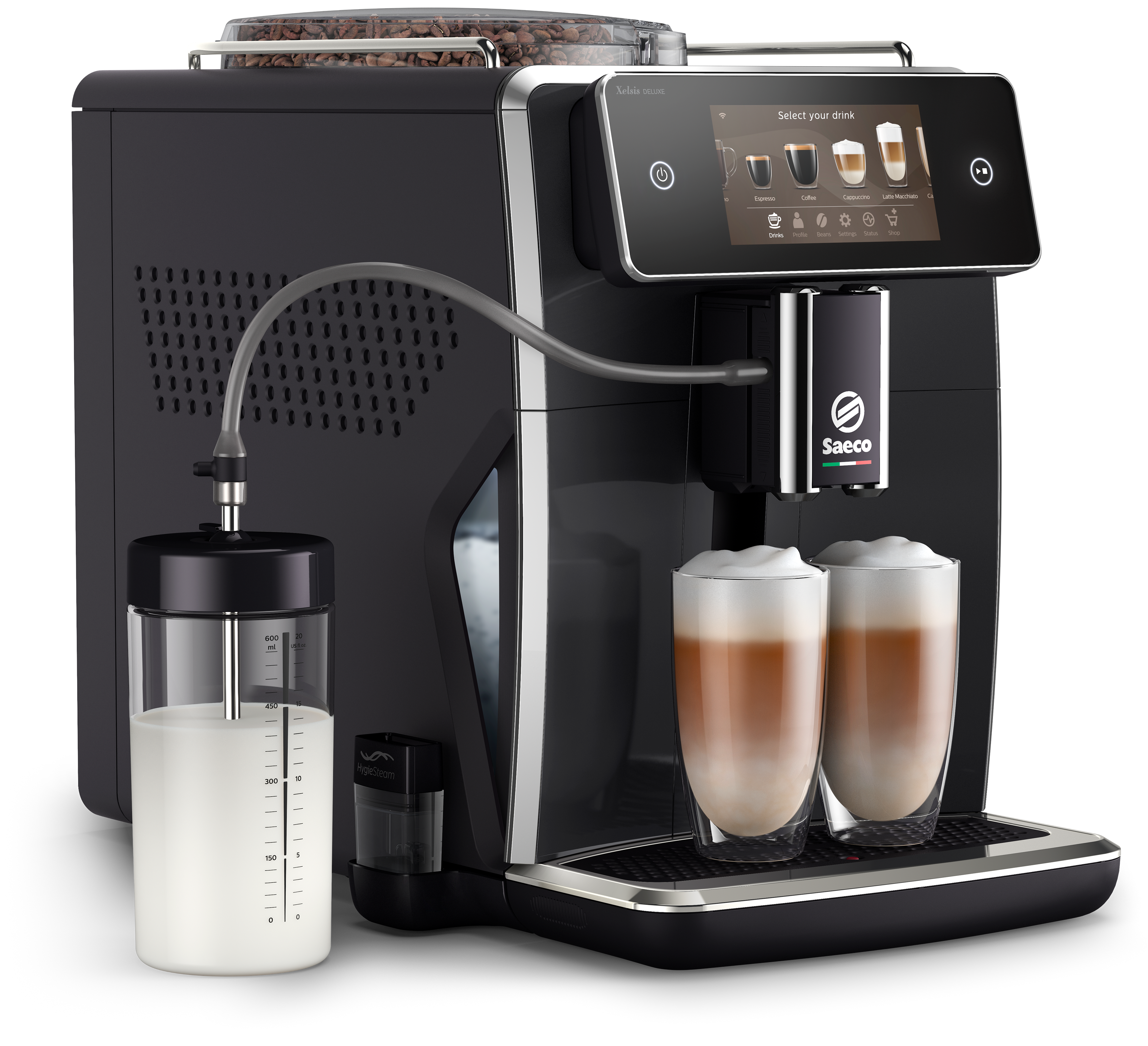 SAECO SM8780/00 Xelsis Deluxe Kaffeevollautomat (Klavierlack-Schwarz, Keramik, 15 bar, externer Milchbehälter)