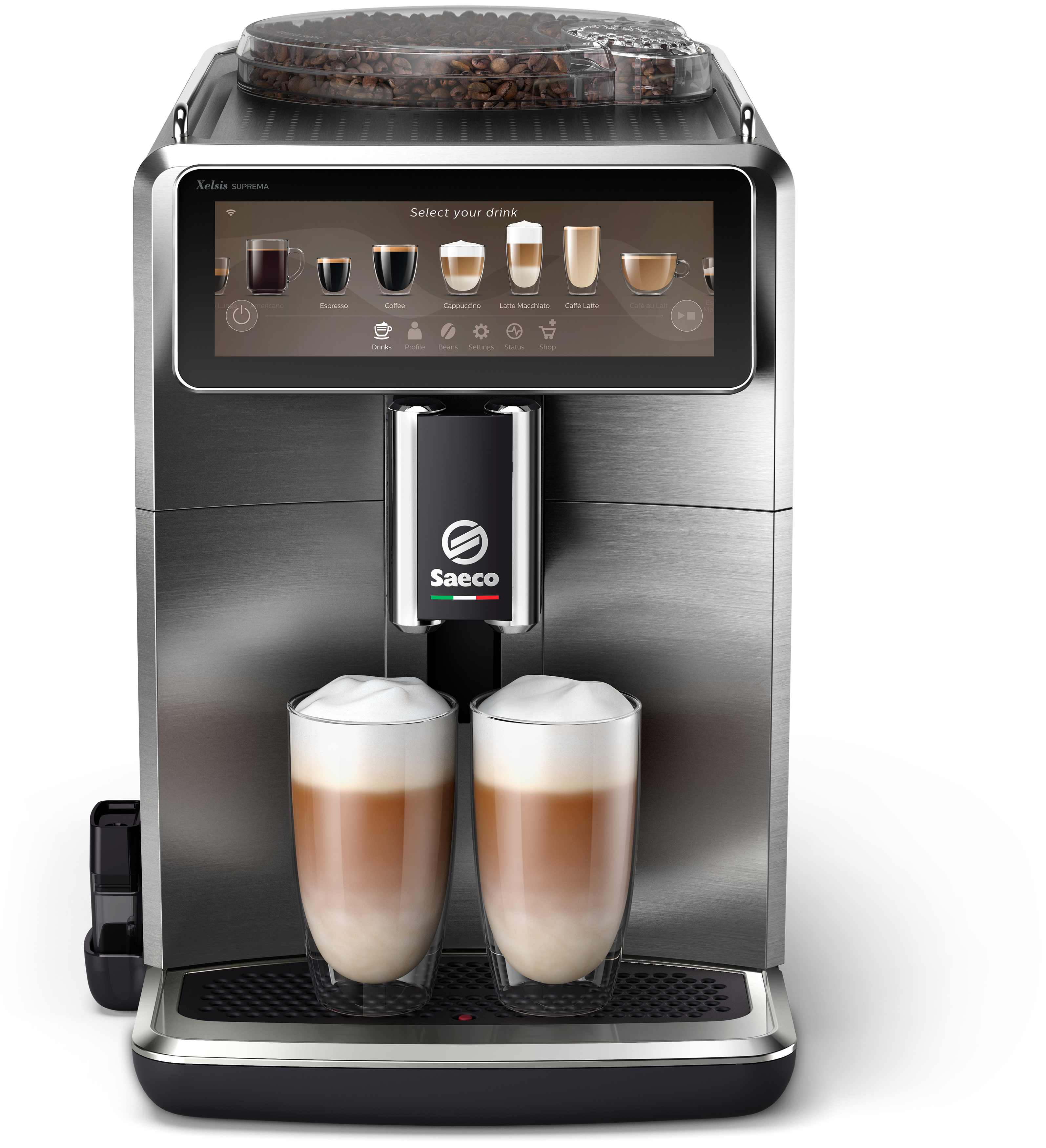 Eine Kaffeemaschine aus Edelstahl mit Touchscreen. Zwei Gläser Latte werden zubereitet. Kaffeebohnen sind oben sichtbar.