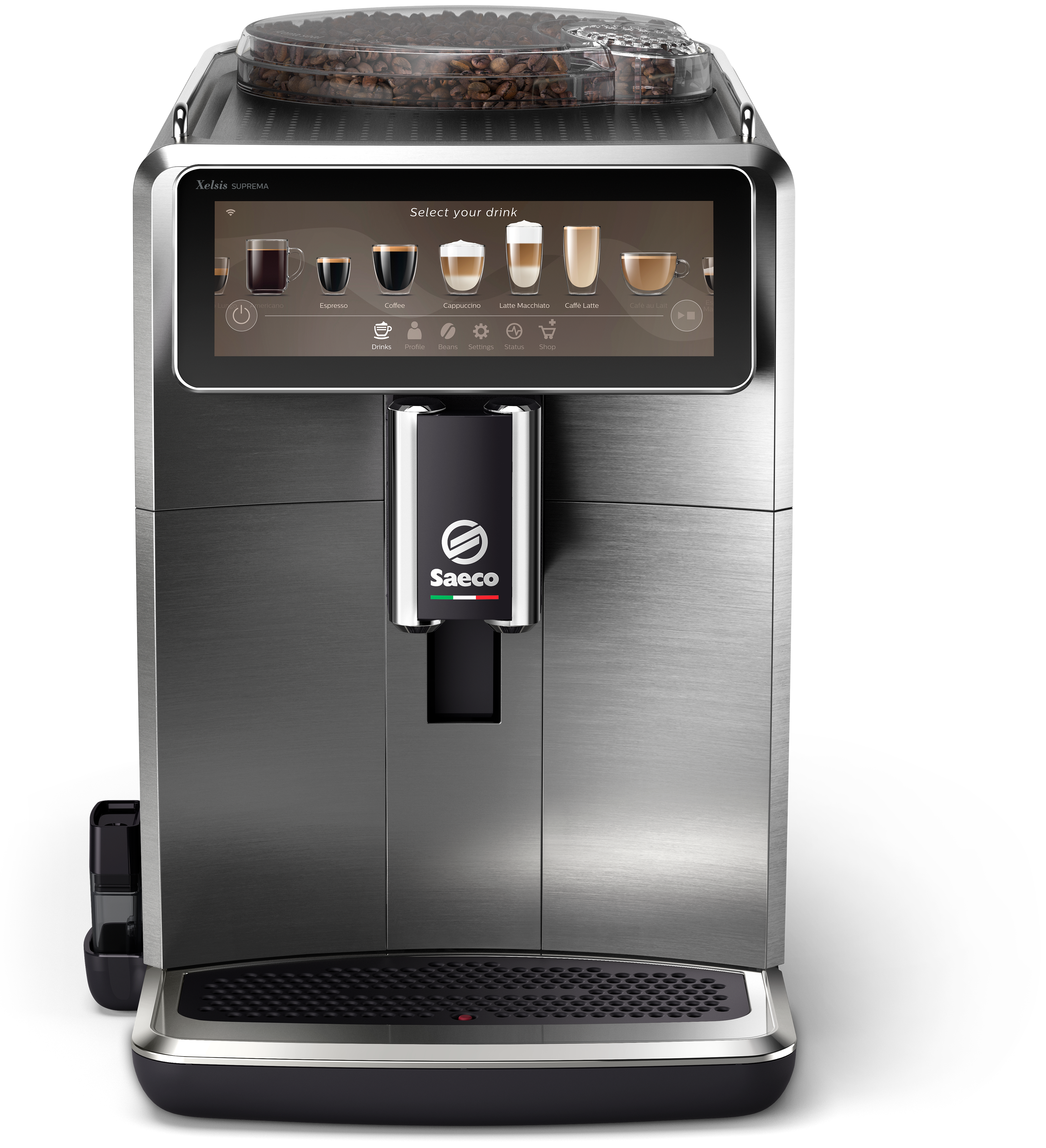 Eine silberne Saeco-Kaffeemaschine mit Touchscreen, der verschiedene Kaffeesorten anzeigt. Oben befindet sich ein Bohnenbehälter.
