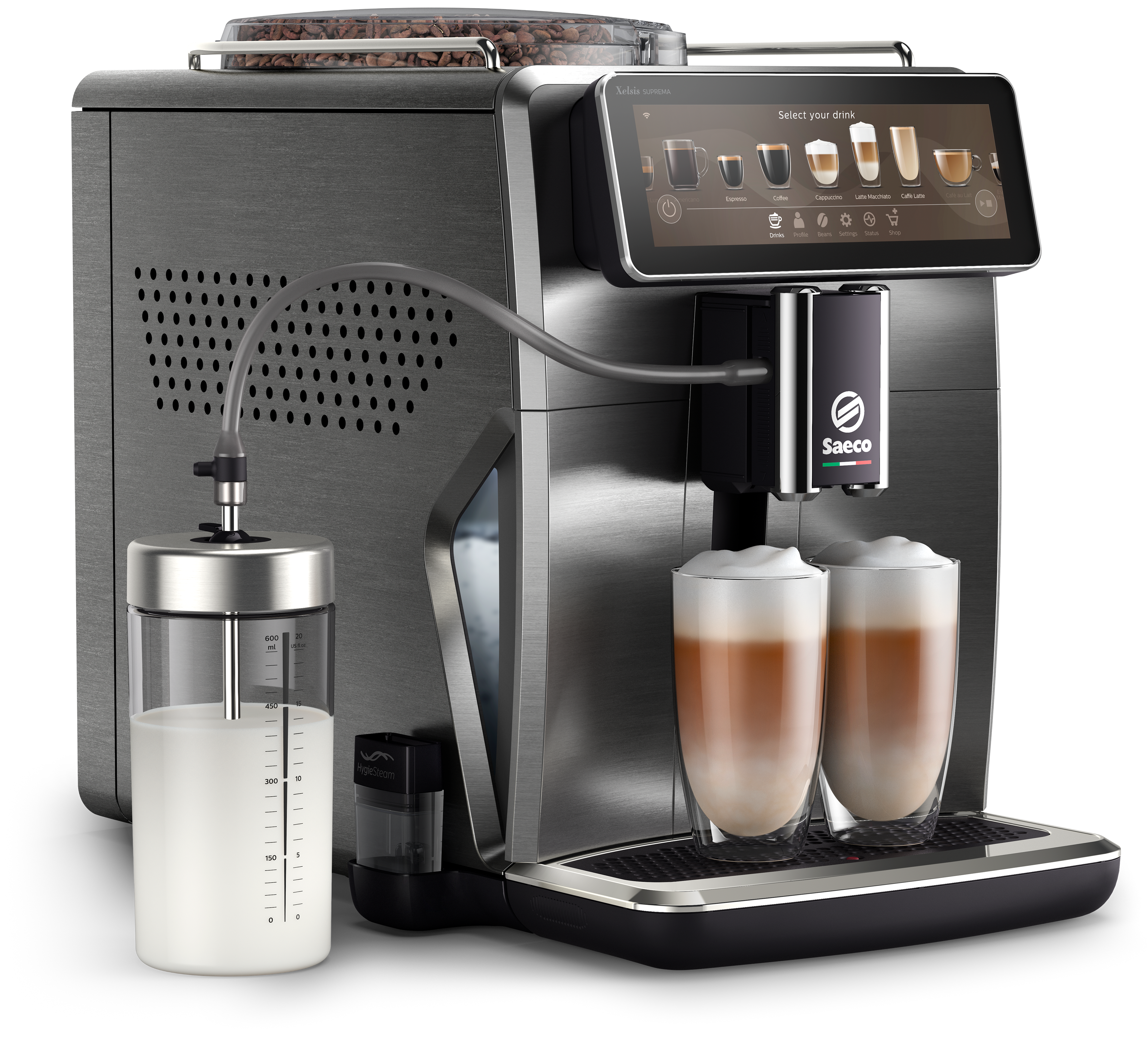 Silberne Saeco Kaffeemaschine mit zwei Gläsern Latte.