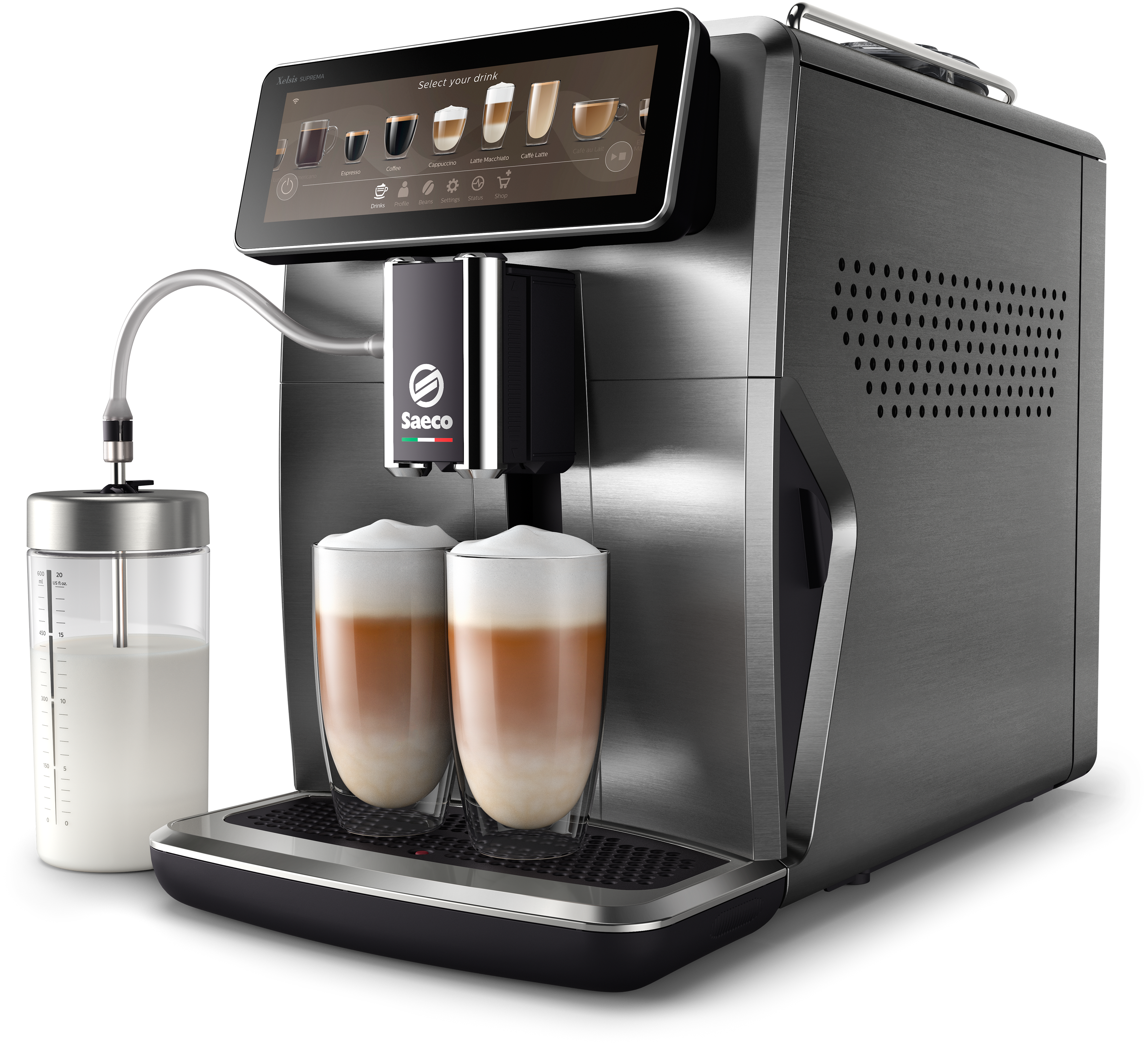 Eine Saeco Kaffeemaschine mit zwei Gläsern Latte. Links ist ein Milchbehälter.