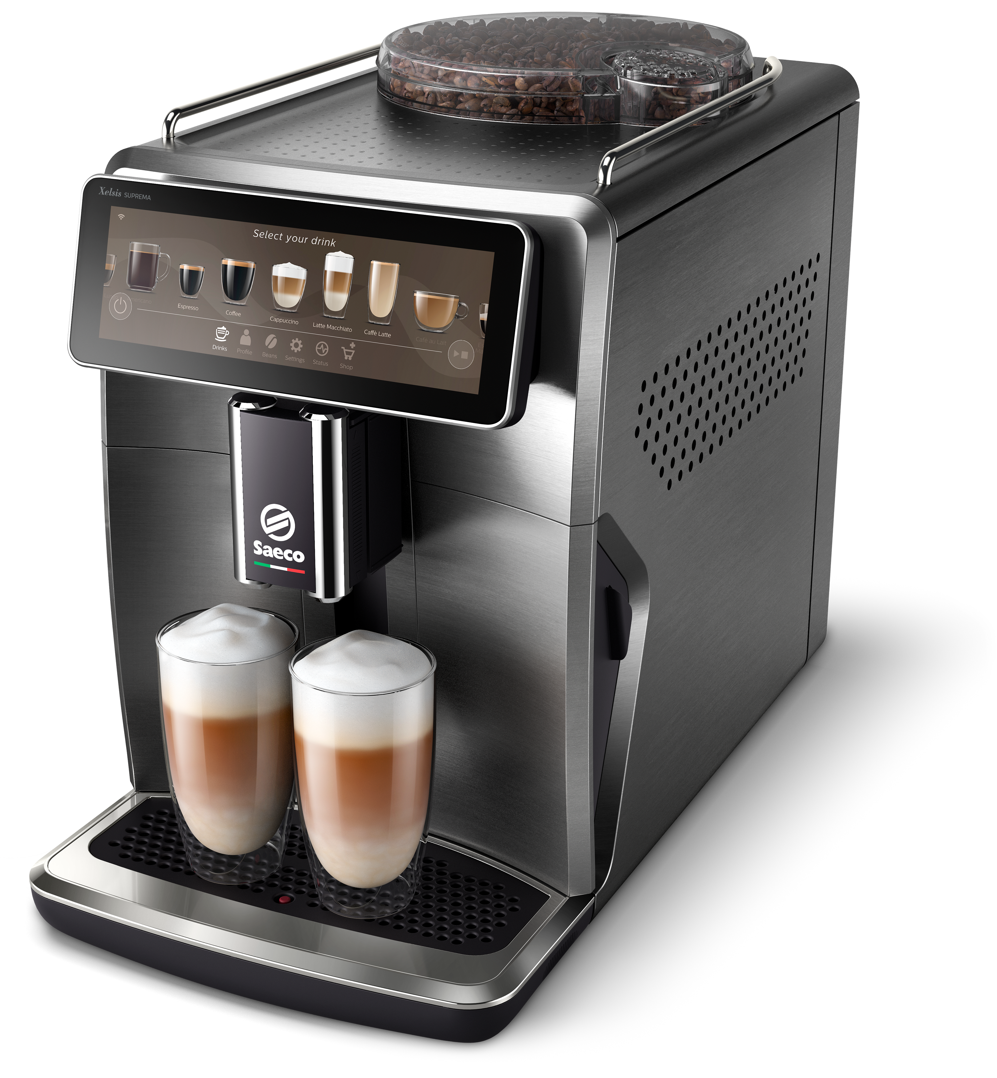 Eine silberne Saeco Espressomaschine mit zwei Latte-Gläsern. Oben befinden sich Bohnen. Ein Bildschirm zeigt Getränkeoptionen.