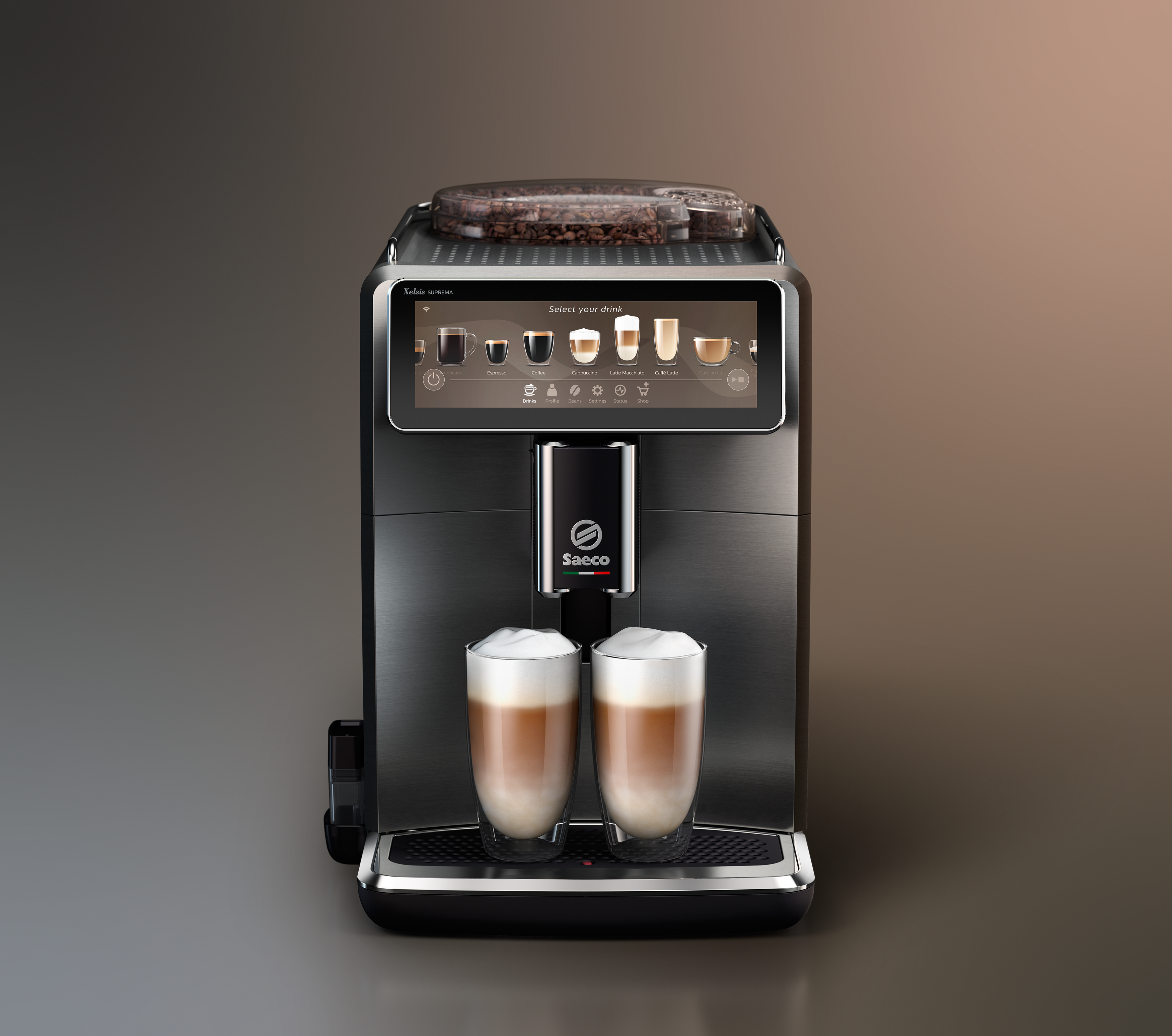 Eine schwarze und silberne Kaffeemaschine mit Touchscreen und zwei Kaffeegläsern.
