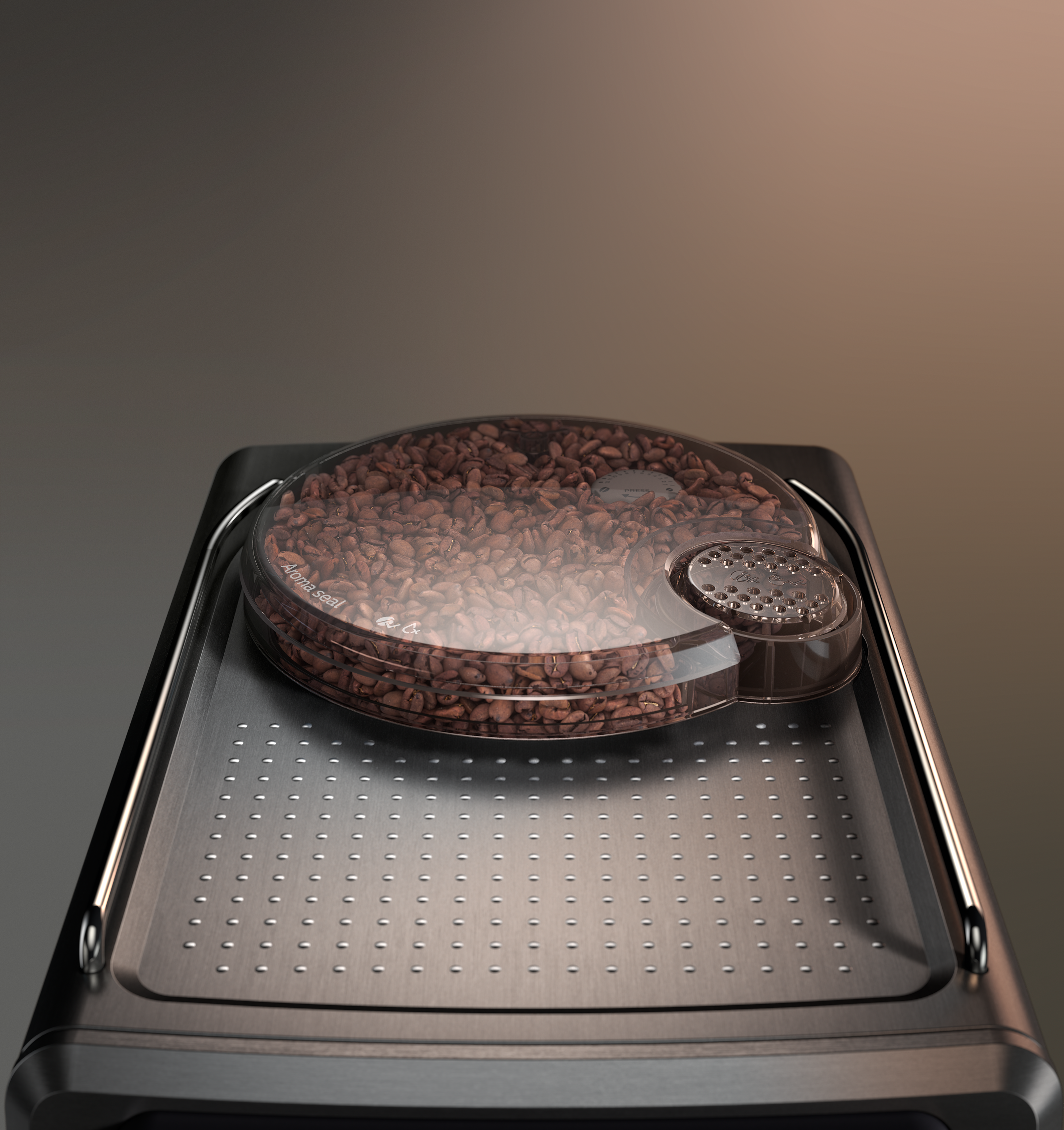 Ein transparenter Behälter mit Kaffeebohnen steht auf einer Metalloberfläche. Der Hintergrund ist ein Braun-Grau-Gradient.