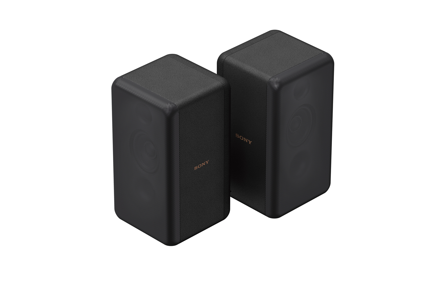 Deux enceintes noires sur fond blanc. Les enceintes sont rectangulaires.