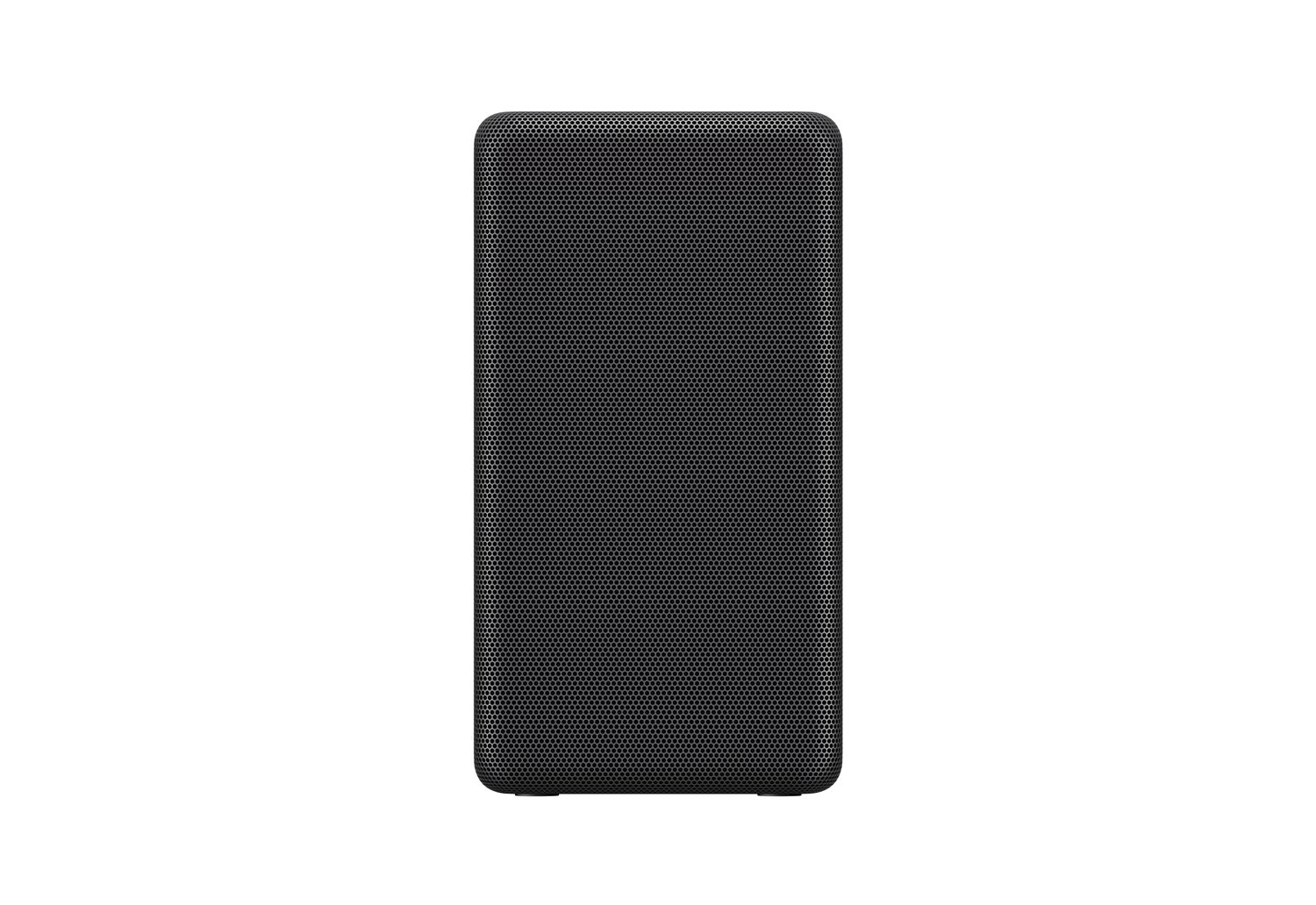 Haut-parleur noir sur fond blanc, vue de face, design simple.