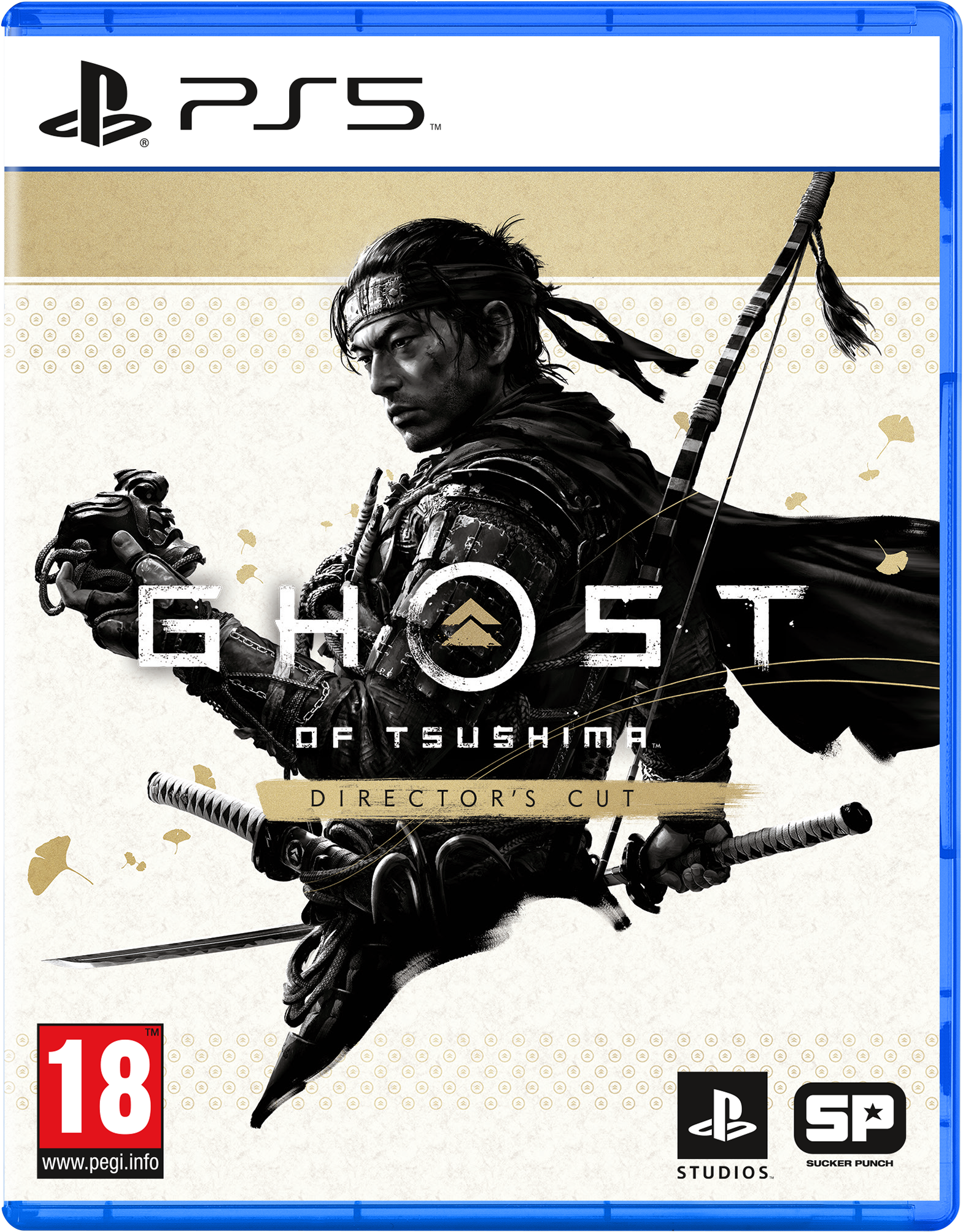 PS5-Spielbox von Ghost of Tsushima: Director's Cut, mit Samurai-Bild.