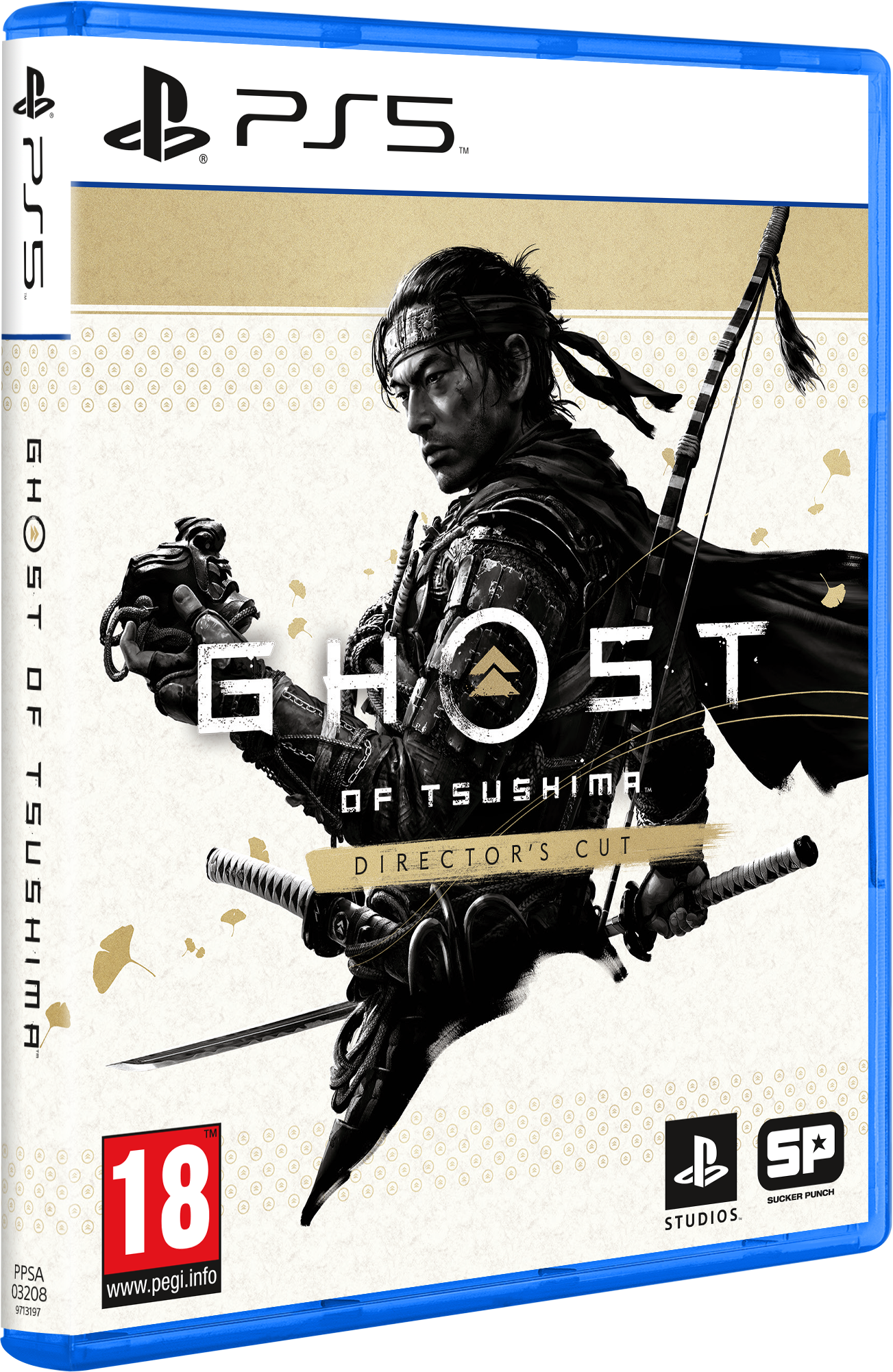PS5-Spielhülle. Titel 'Ghost of Tsushima Director's Cut'. Blau mit Spielkunst.