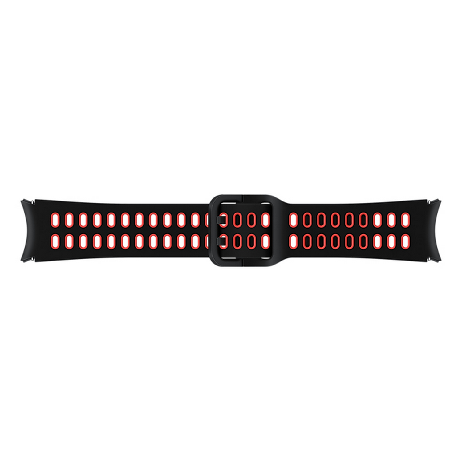 Una correa de reloj inteligente negra y roja con hebilla.