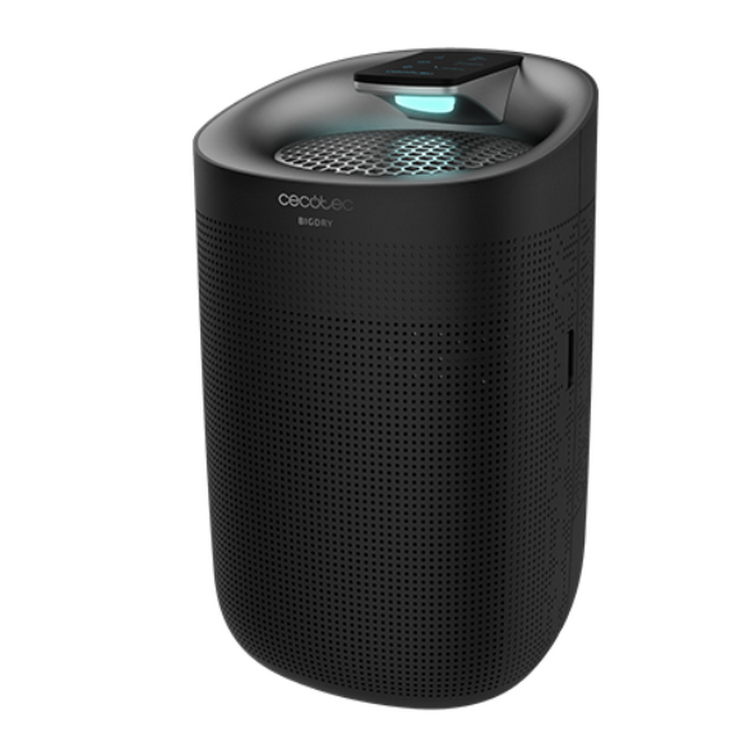 Un purificador de aire negro con un diseño perforado. Tiene un panel de control superior.