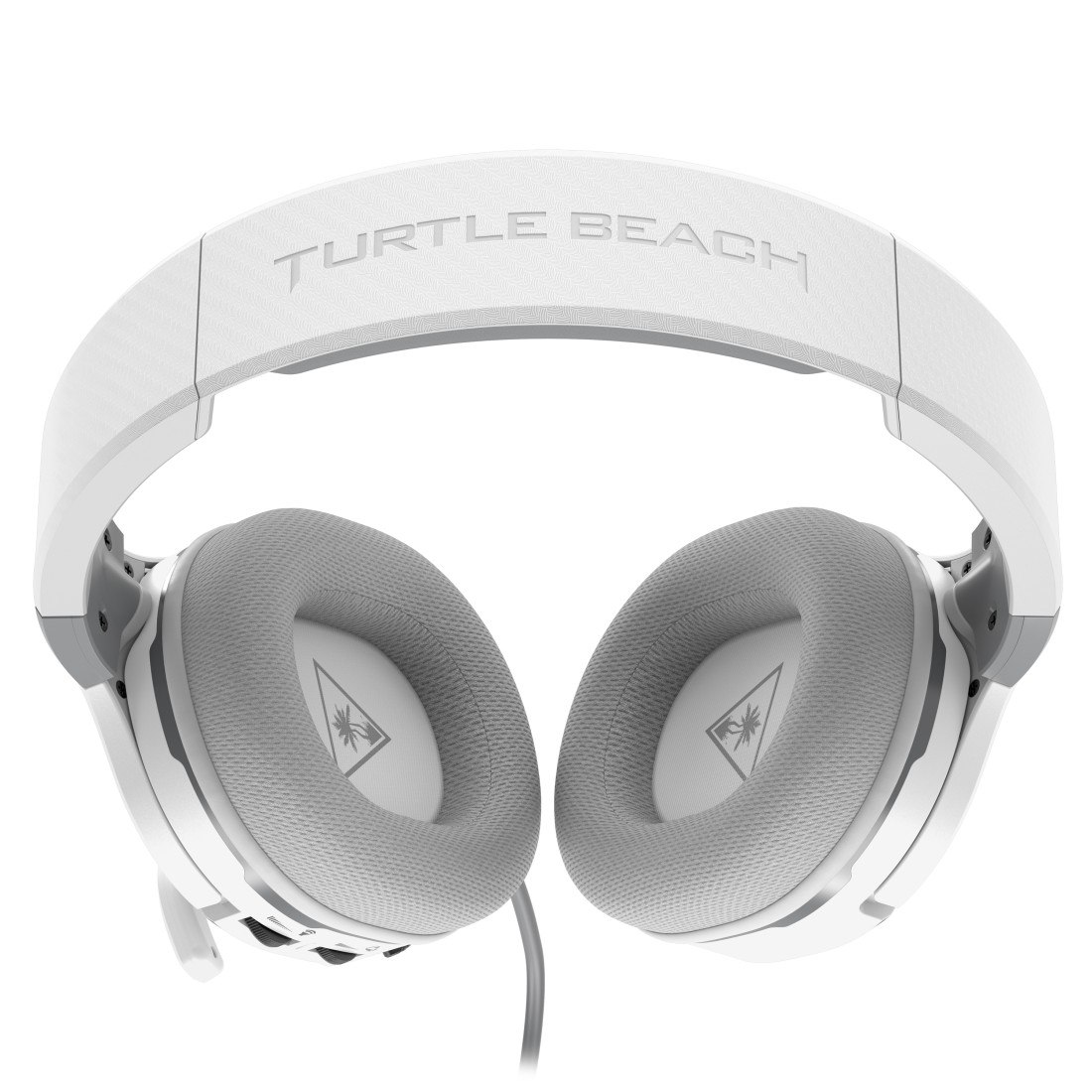 Weißes und graues Gaming-Headset mit Mikrofon, auf weißem Hintergrund. Mit dem Turtle Beach Logo.