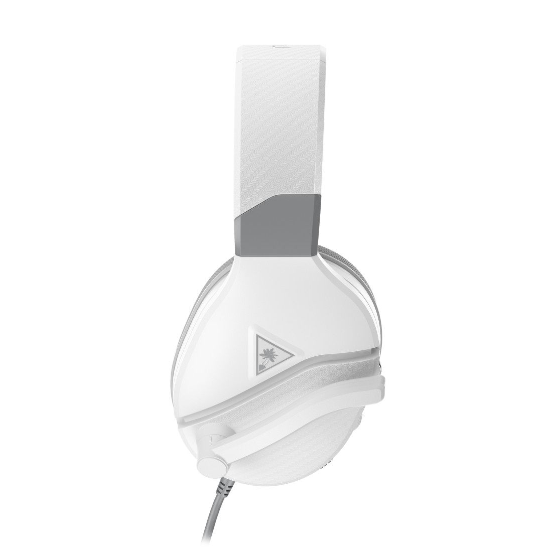 Weißes und graues Gaming-Headset, Seitenansicht. Es hat ein Mikrofon und ein Logo auf der Ohrmuschel.